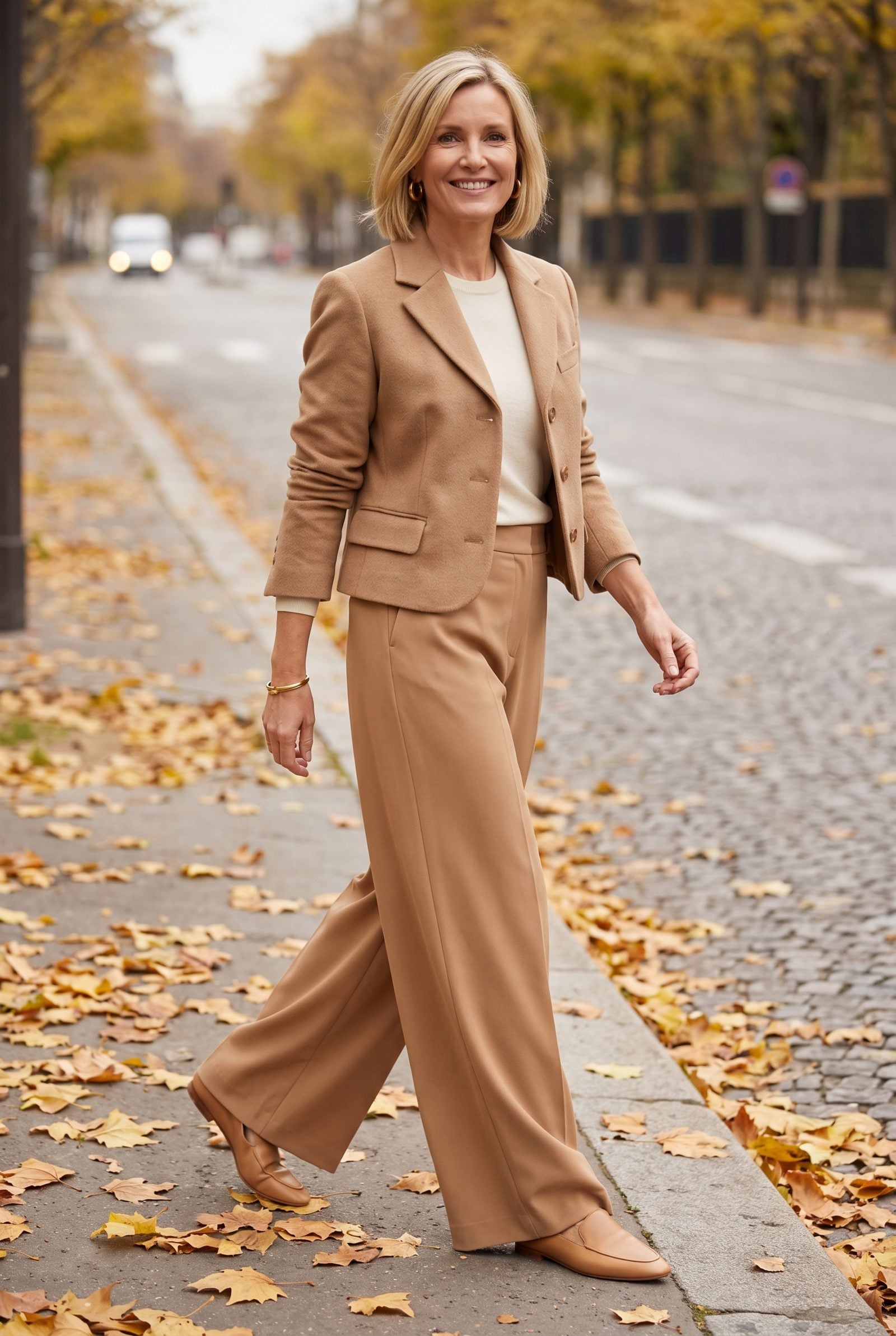 Cropped Blazer Over Floor-Skimming Wide-Leg Pants