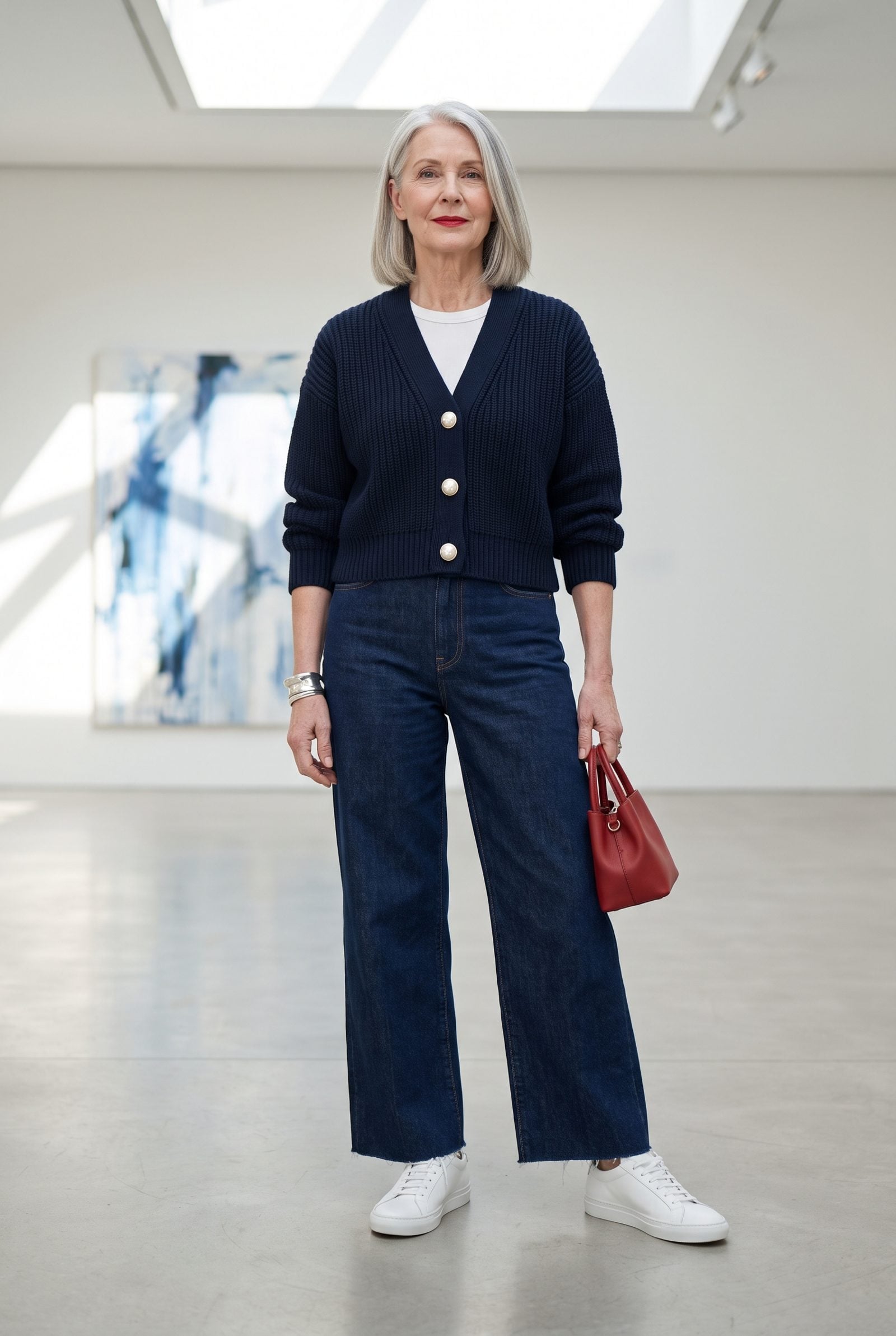 A Cropped Cardigan With Oversized Pearl Buttons