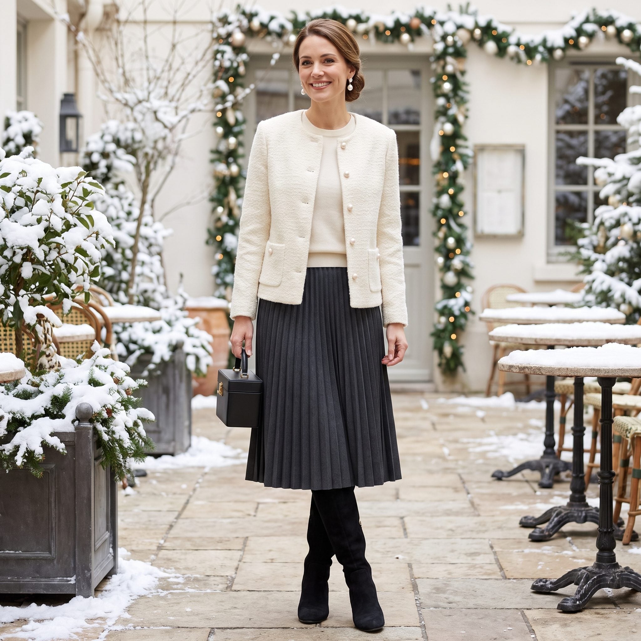 Cropped cream bouclé jacket with graphite accordion-pleated midi skirt