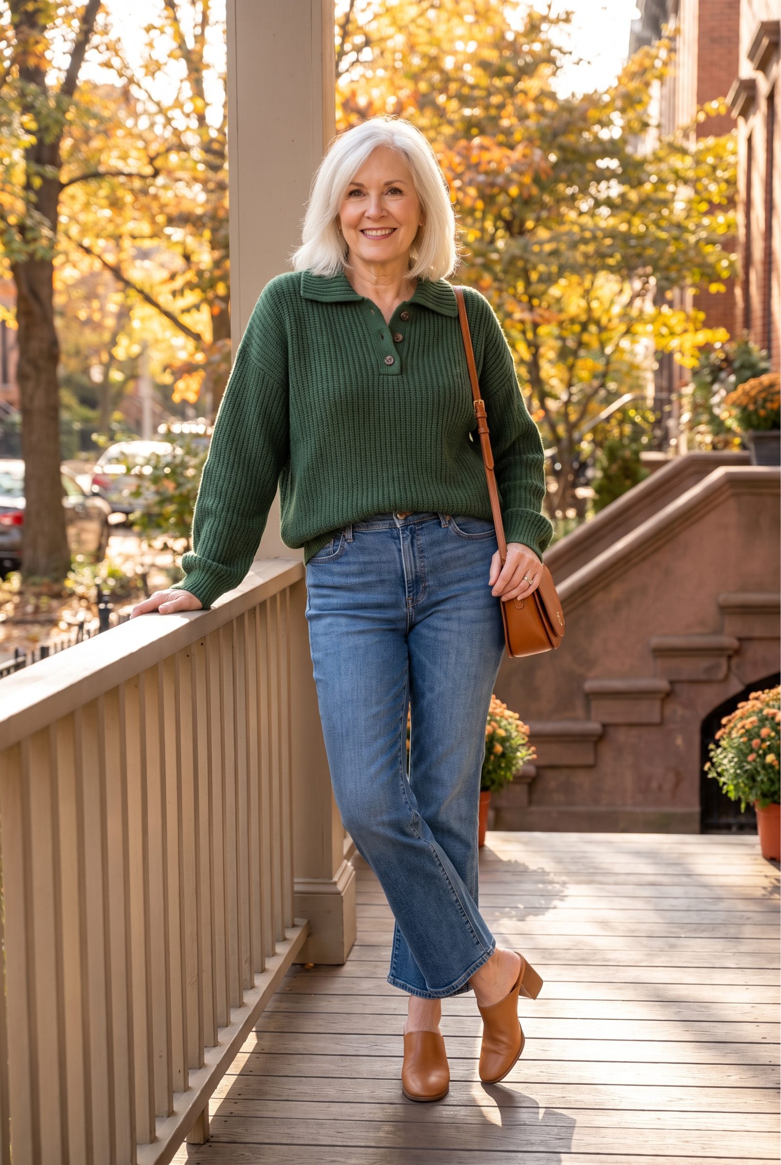 Cropped Flare Jeans + Forest-Green Polo Sweater