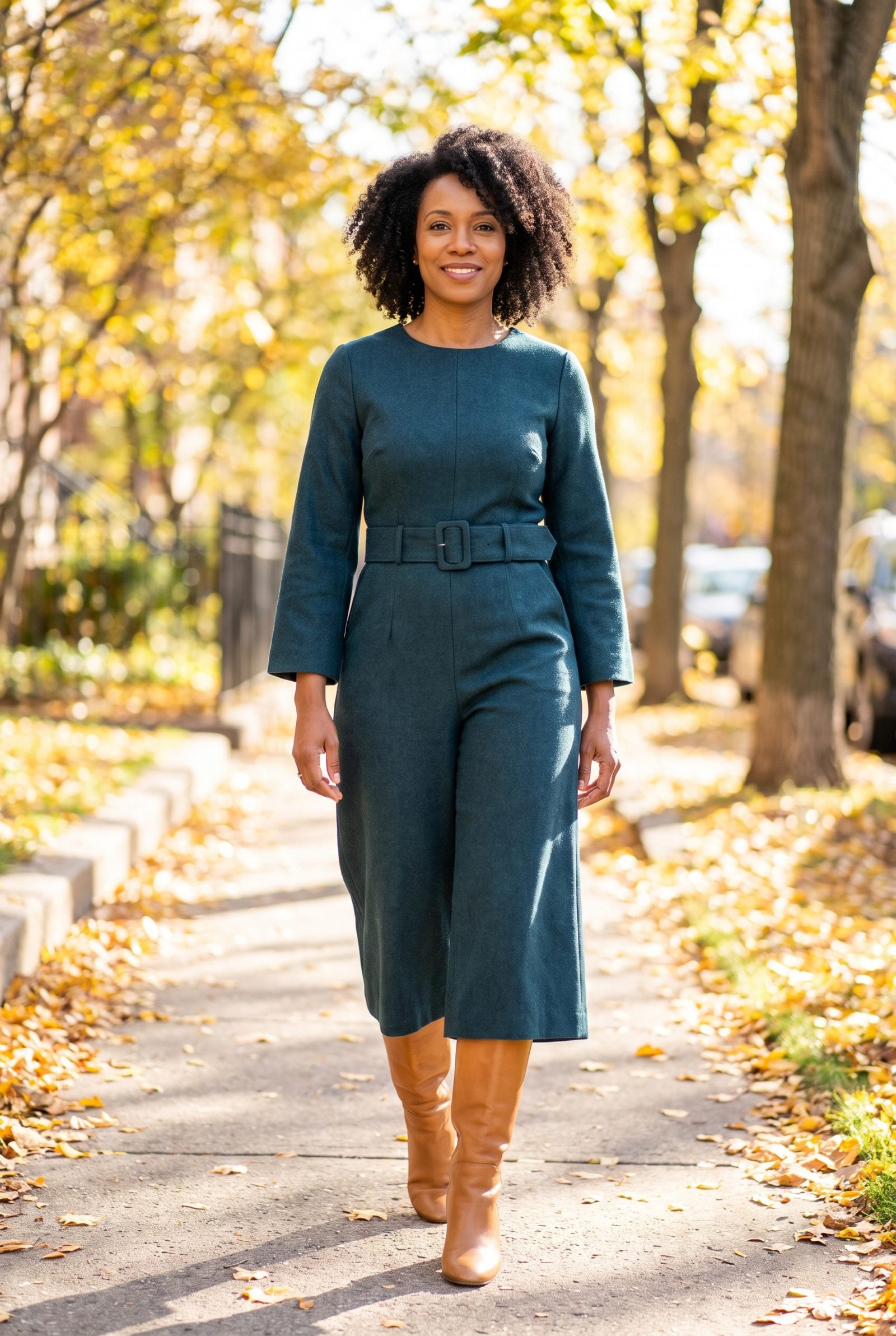 Woman in a cropped rust corduroy wide-leg jumpsuit and knee-high suede boots, with three horizontal lines across the leg.