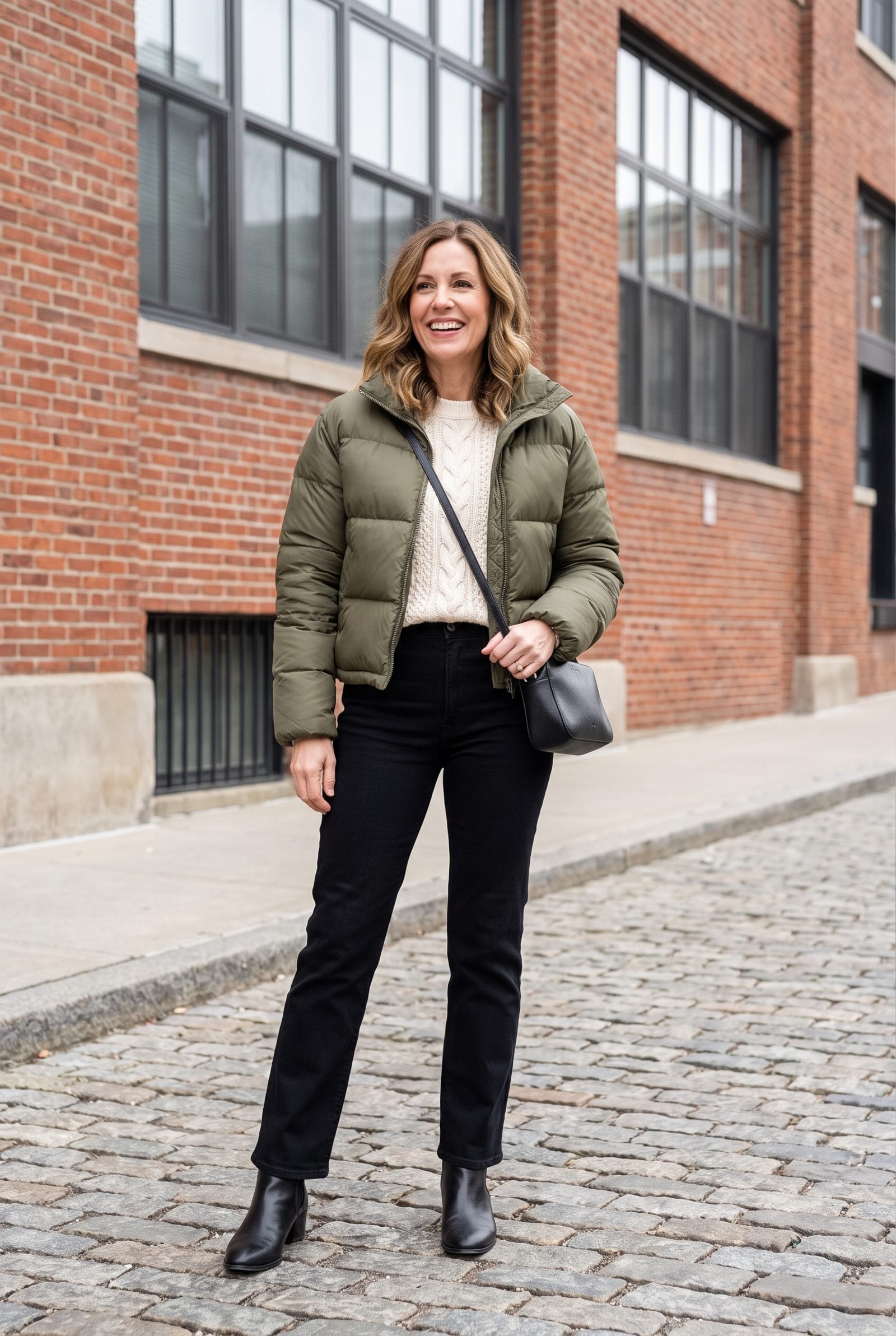 Cropped Puffer With High-Rise Black Straight-Leg Jeans