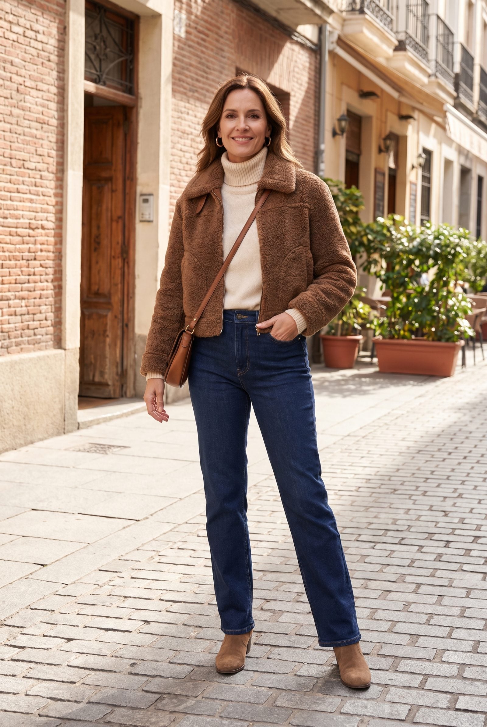 Cropped Shearling Jacket With High-Waisted Column Jeans