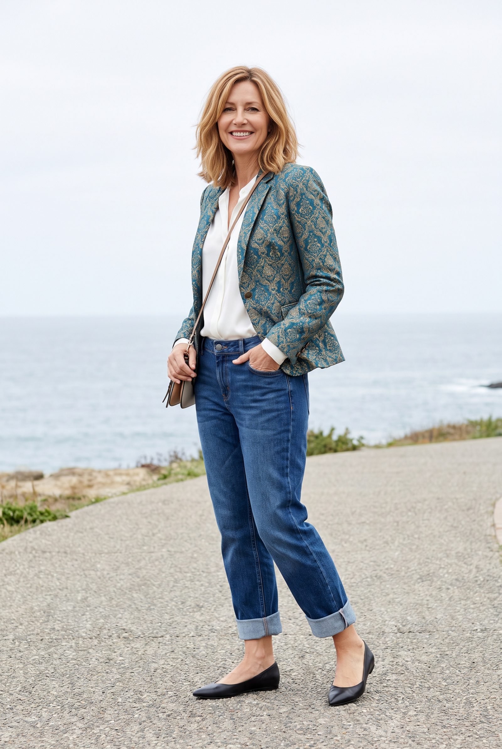Cuffed Boyfriend Jeans With a Brocade Jacket