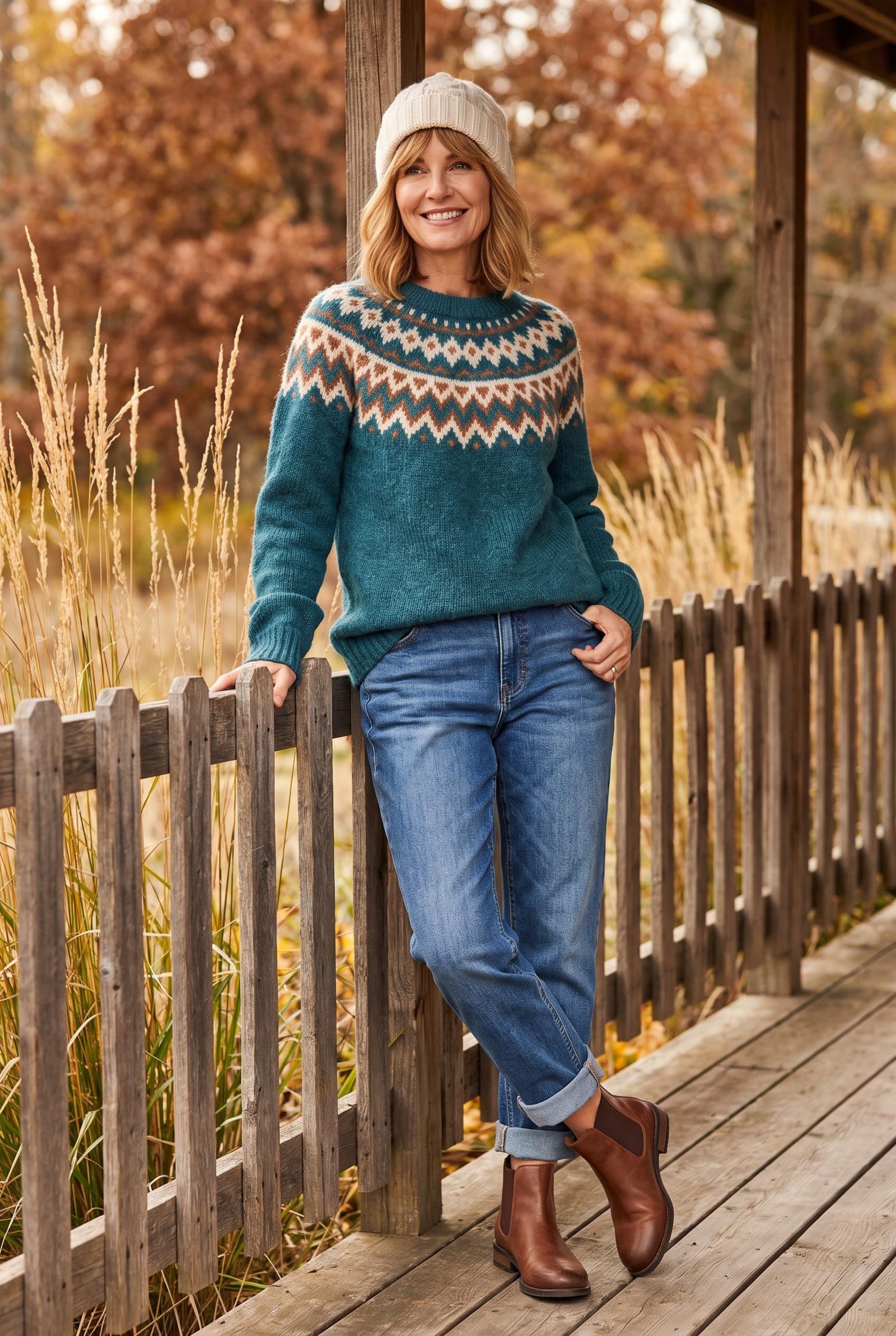Cuffed Boyfriend Jeans + Teal Fair Isle Sweater