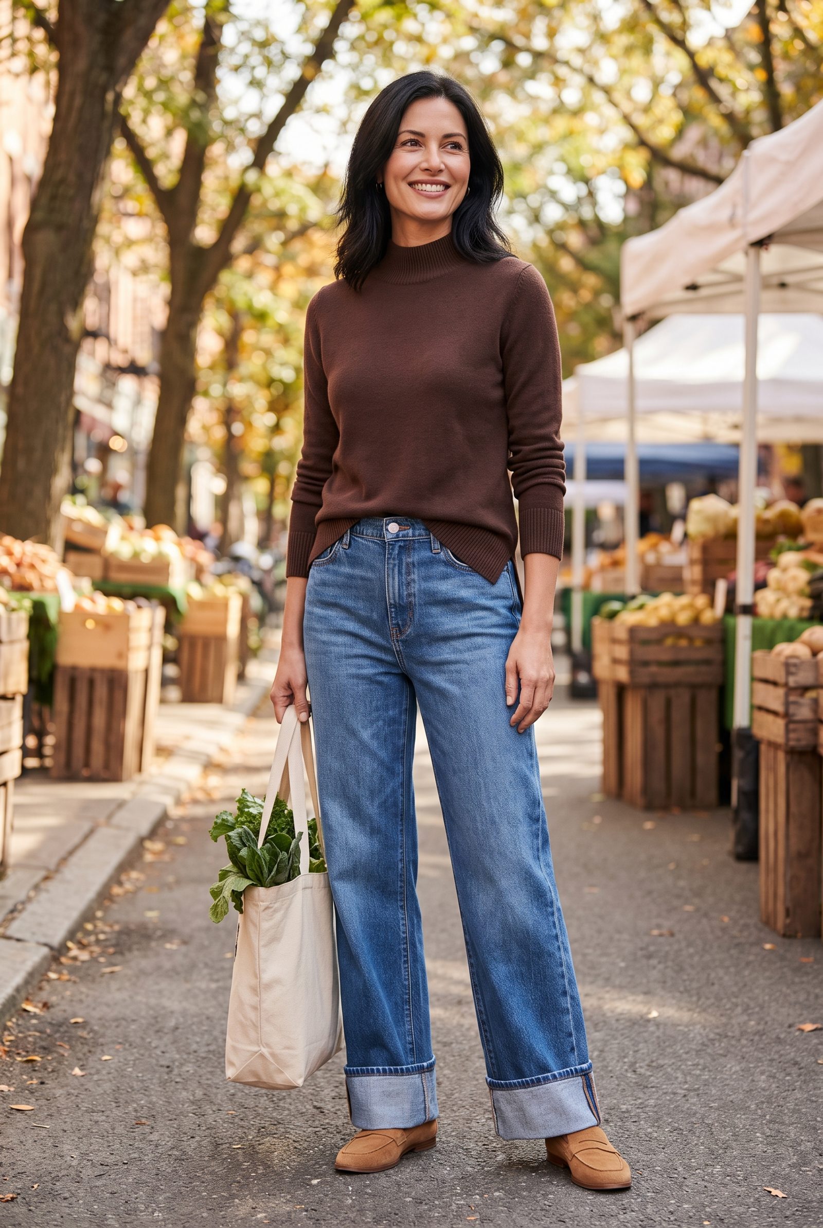 Cuffed Wide-Leg Jeans + Chocolate Mock-Neck Tunic