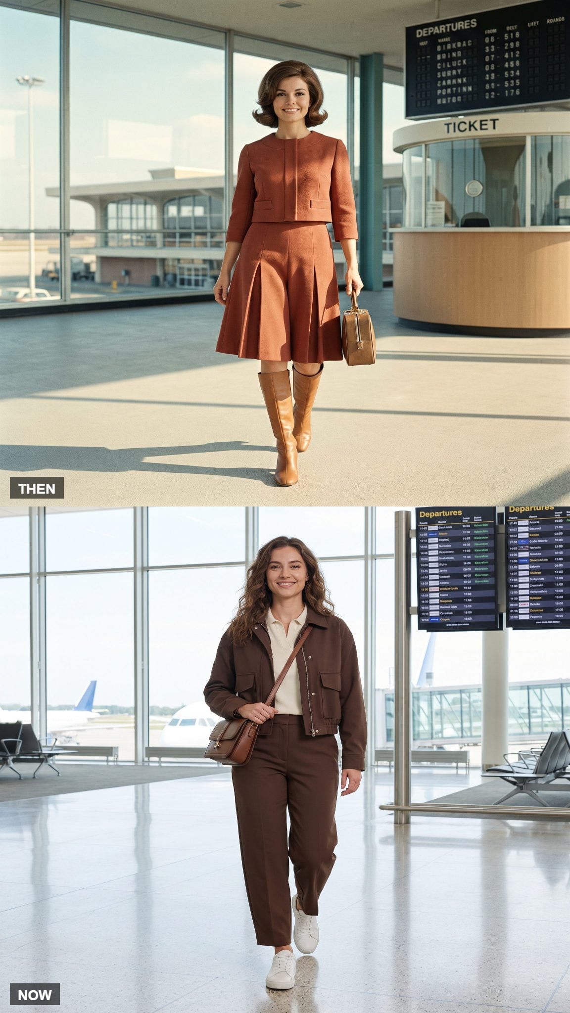 Vintage terracotta culotte suit compared with modern barrel-leg trousers and cropped jacket