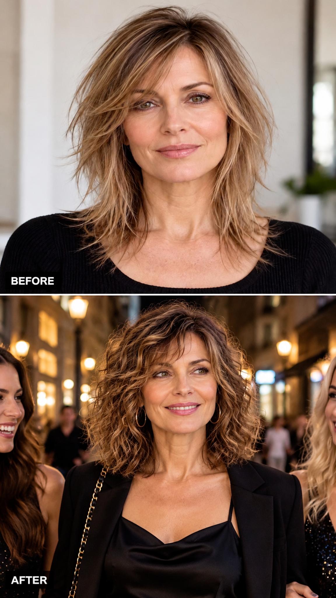 Fine hair transformed from wispy shoulder-length layers into a defined curly shape