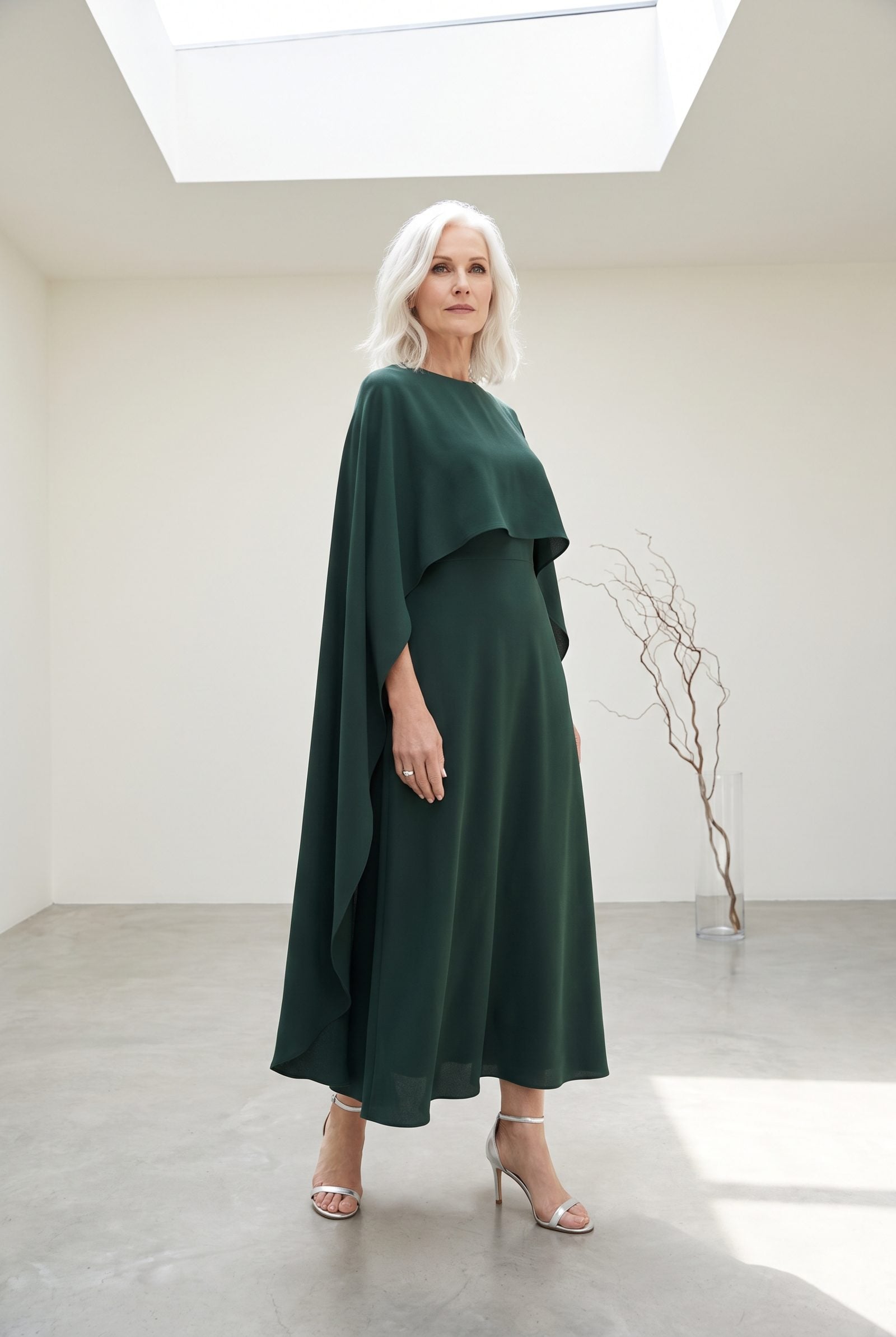 Cypress-Green Cape Dress With Silver Heels