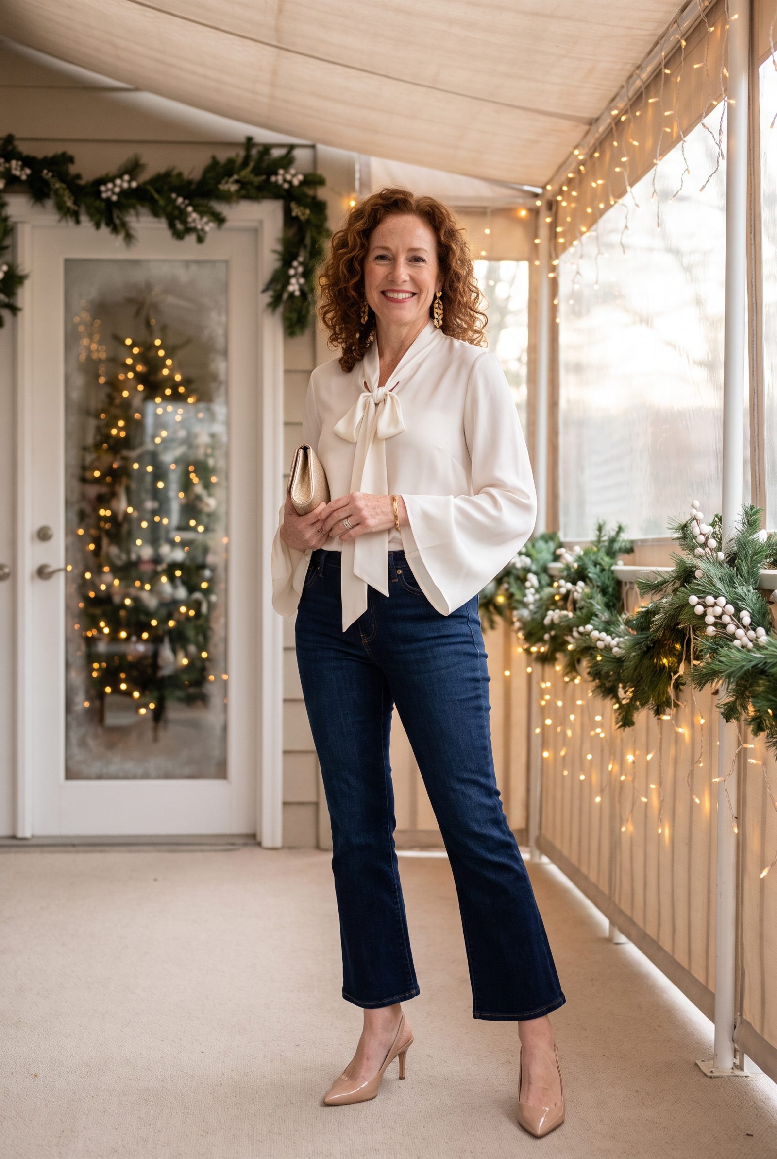 Dark Cropped Flares With an Ivory Bell-Sleeve Blouse