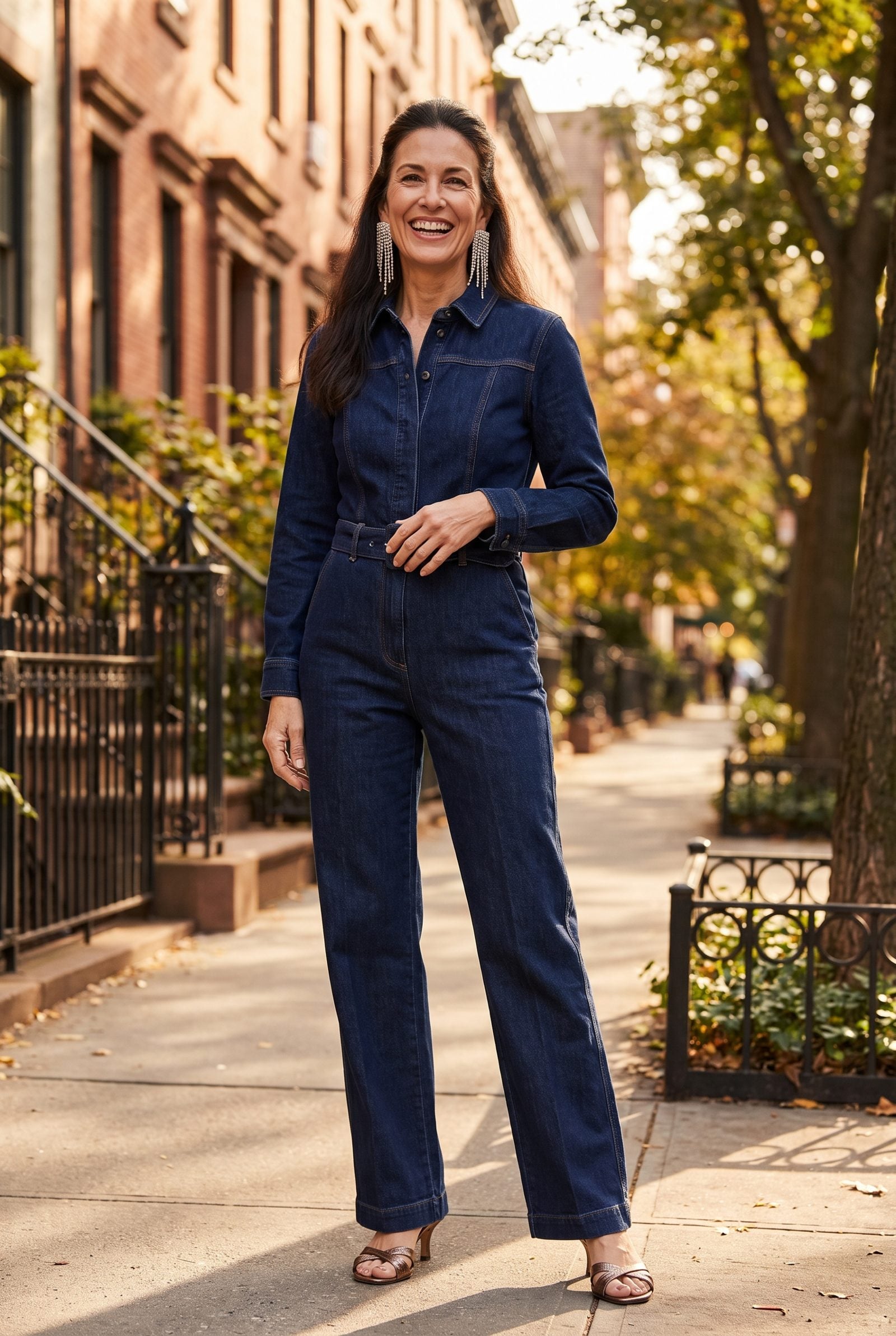 Dark Denim Jumpsuit With Crystal Earrings