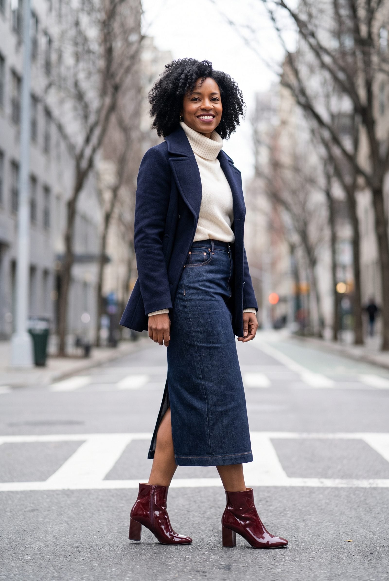 Dark Denim Pencil Midi With Burgundy Patent Boots