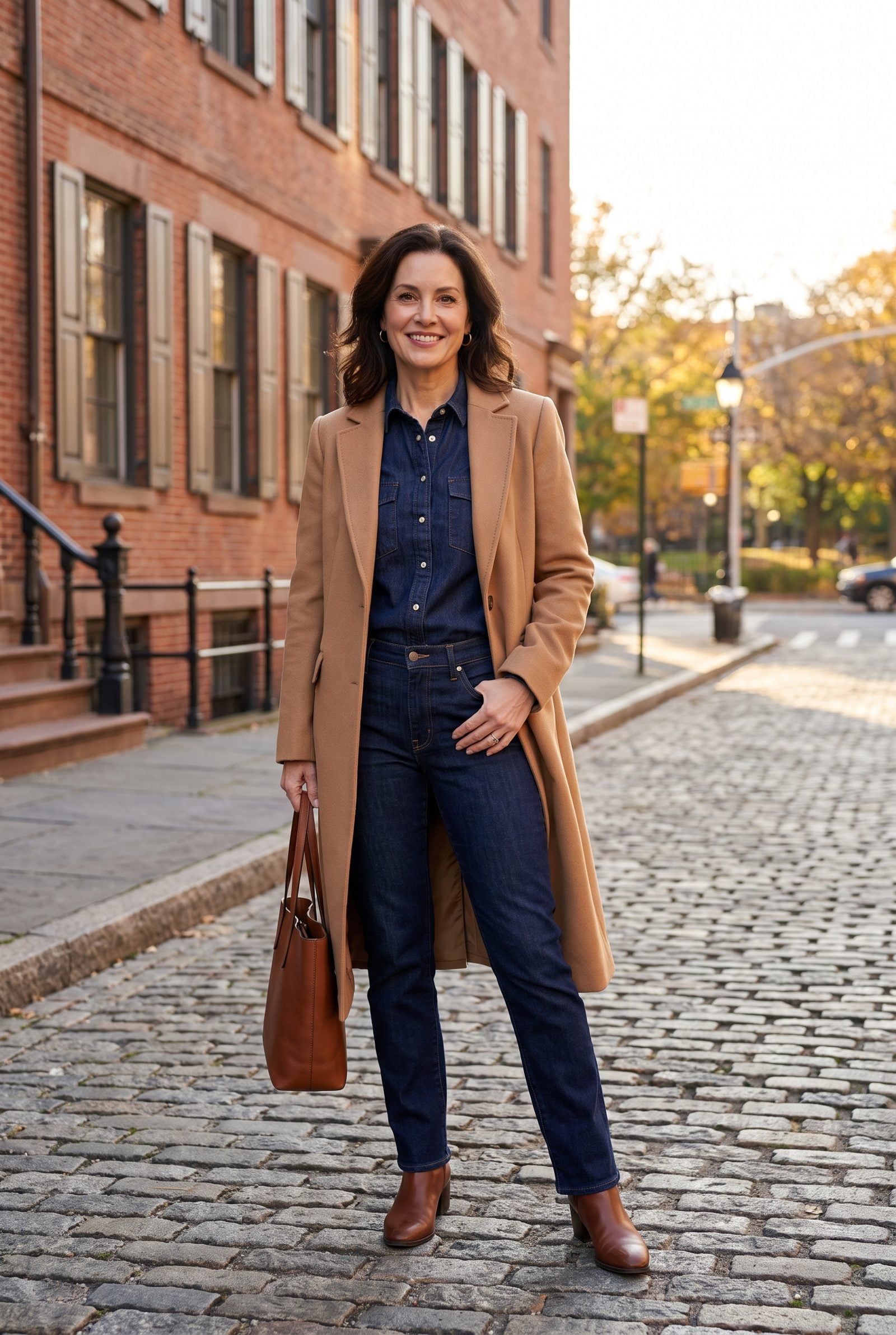 Dark Denim Shirt and Jeans Beneath a Long Camel Topcoat