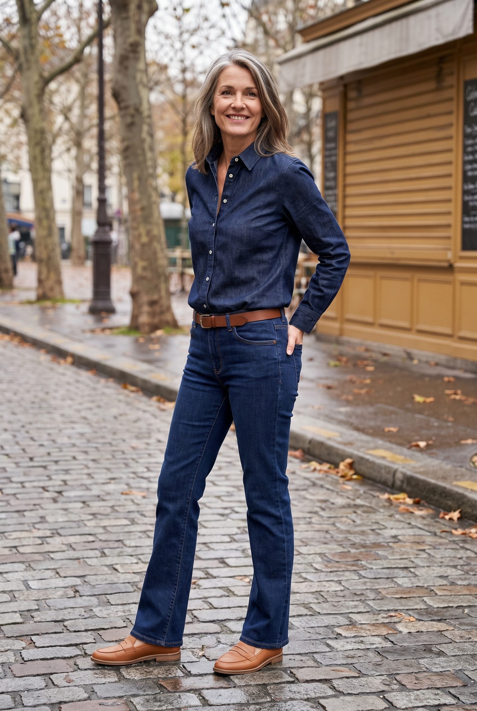 Dark Denim Shirt Tucked Into Dark Bootcut Jeans