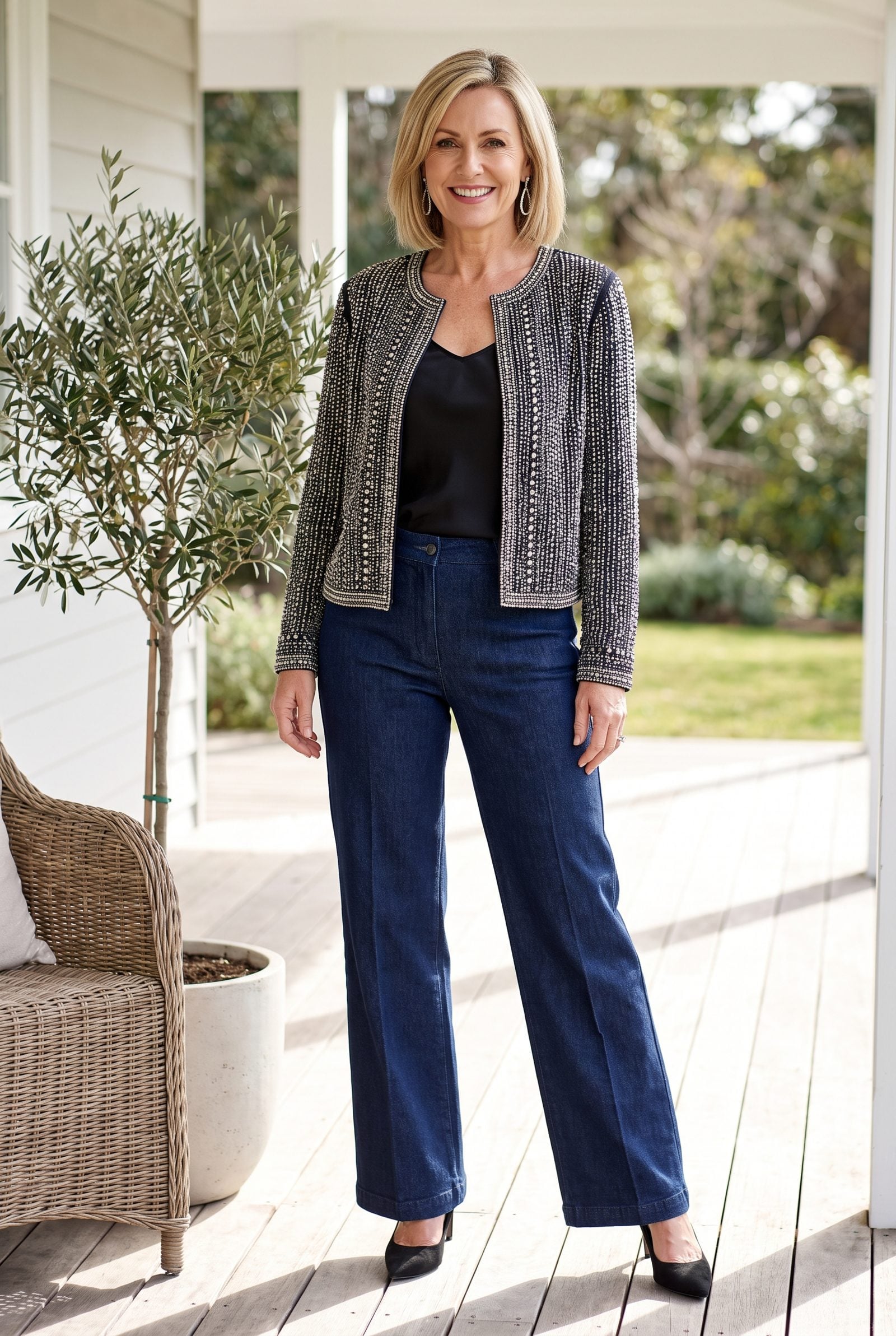 Dark-Denim Trouser Jeans With a Beaded Jacket