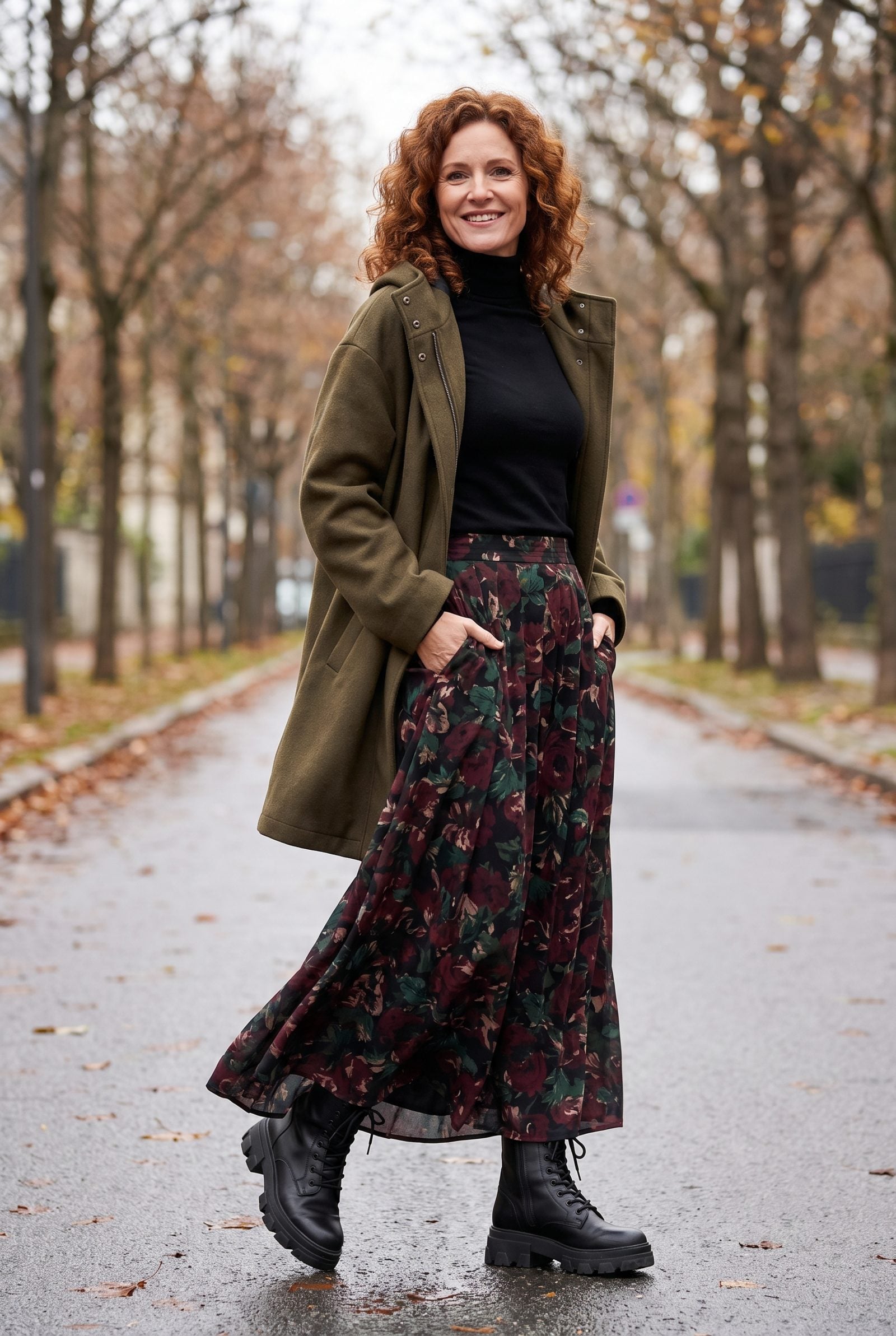 Dark Floral Maxi Skirt With Lug-Sole Combat Boots