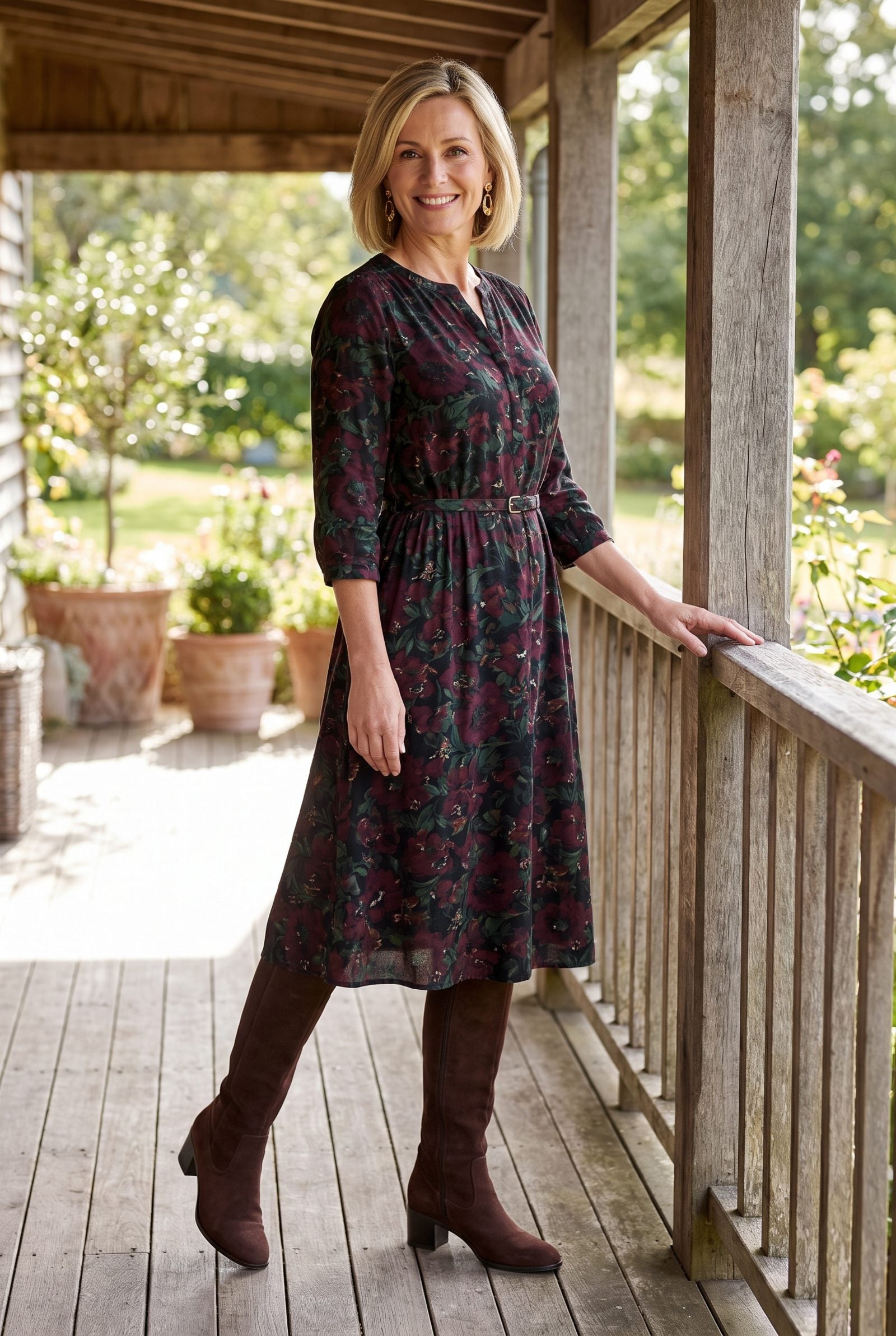 Dark Floral Midi Dress With Suede Knee Boots