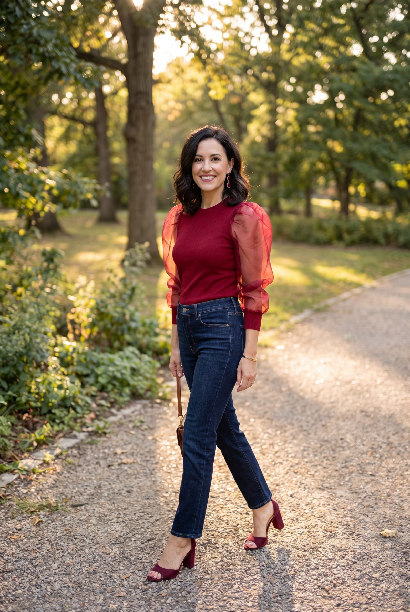 Dark Jeans With a Red Organza-Sleeve Top