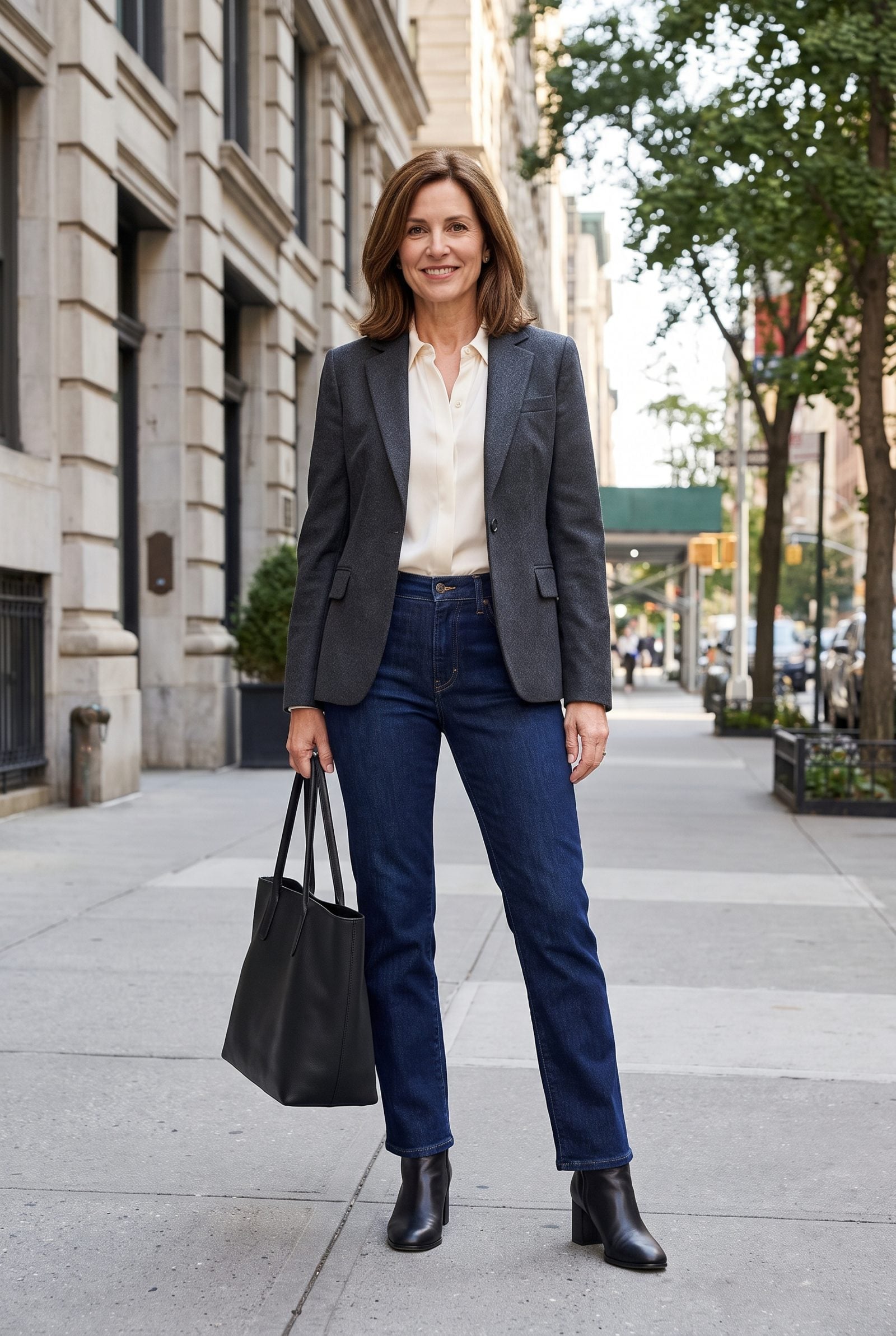 Woman on a sidewalk wearing dark indigo straight-leg jeans with a uniform rinse and a tucked white shirt.