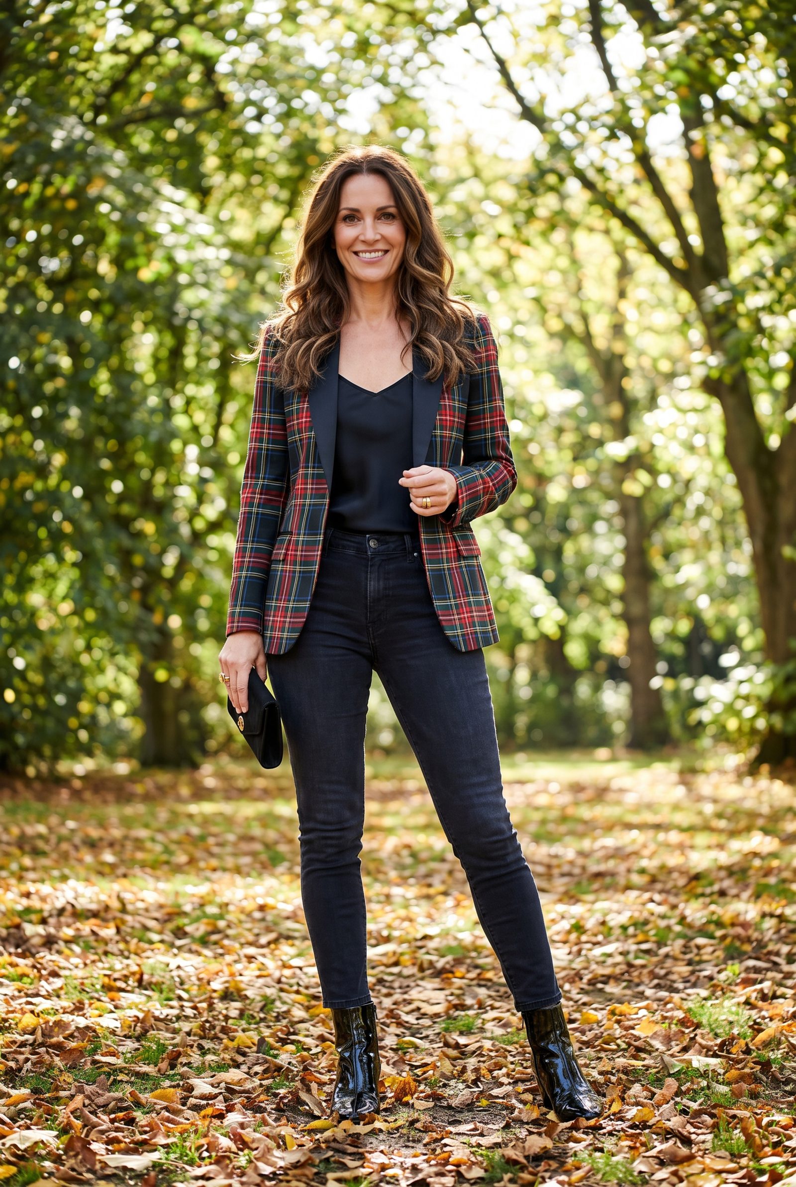 Dark Slim Jeans With a Tartan Dinner Jacket