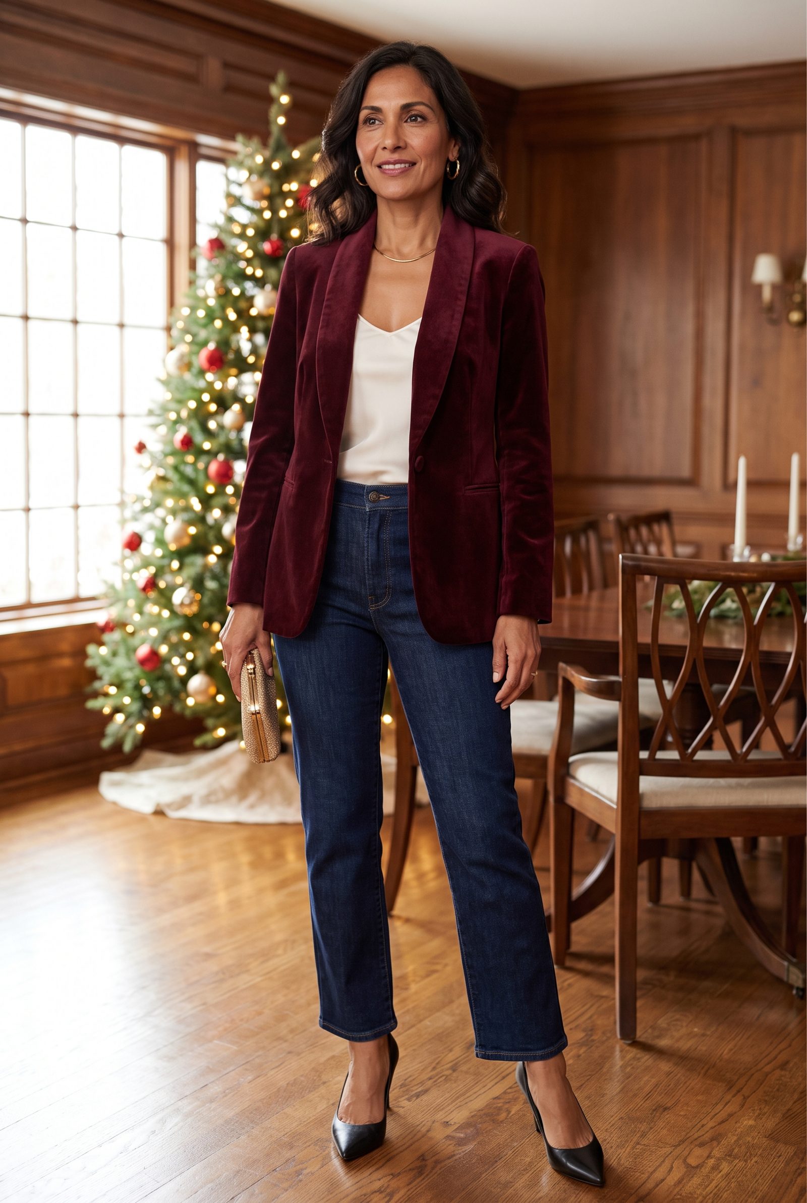 Dark Straight-Leg Jeans With a Red Velvet Blazer