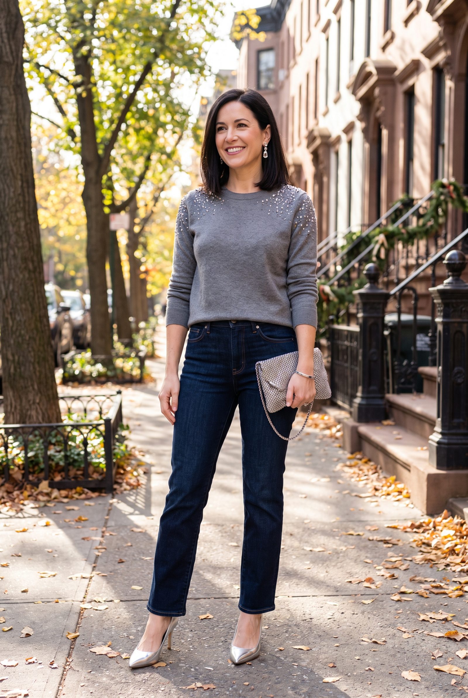Dark Straight-Leg Jeans With a Silver Crystal-Shoulder Knit