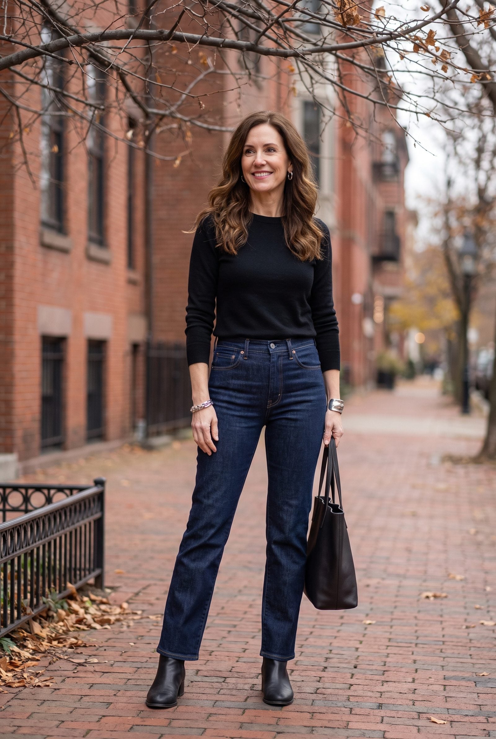 Dark Straight-Leg Jeans and a Tucked Black Knit With Ankle Boots