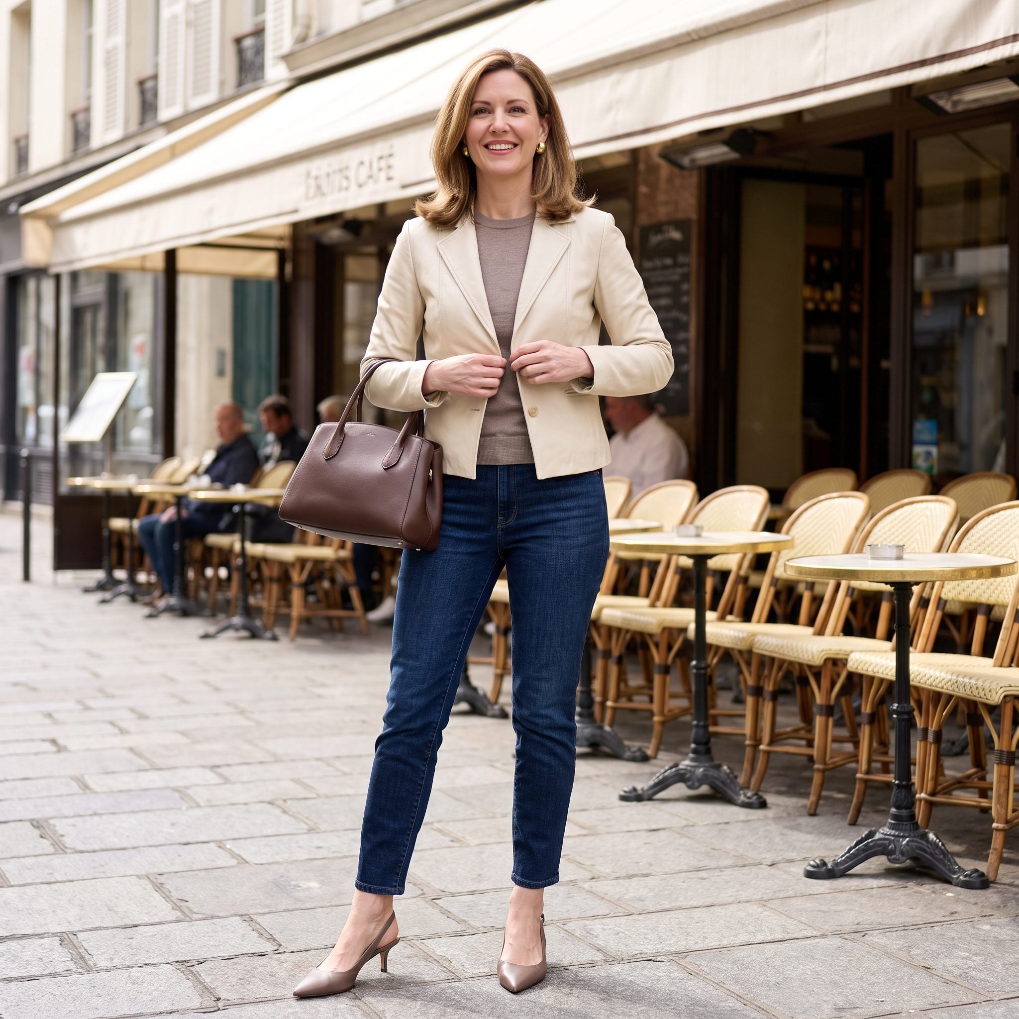 Dark Tapered Jeans + a Cream Leather Jacket