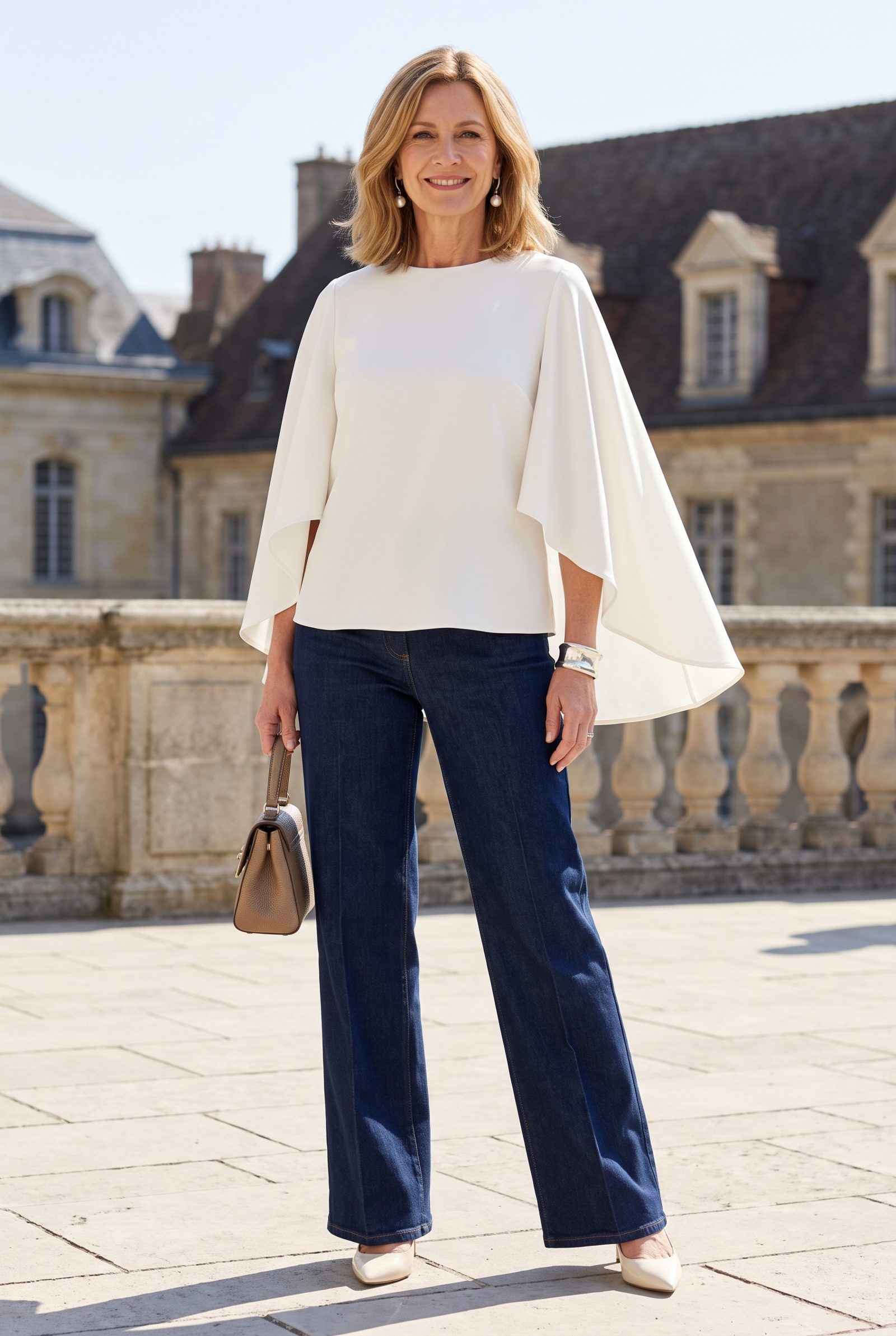 Dark Trouser Jeans With a Winter-White Cape Blouse