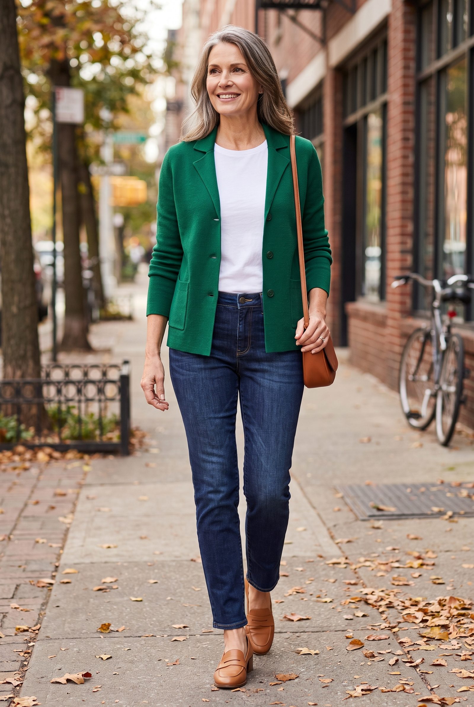 Dark-Wash Cigarette Jeans + Emerald Cardigan Jacket