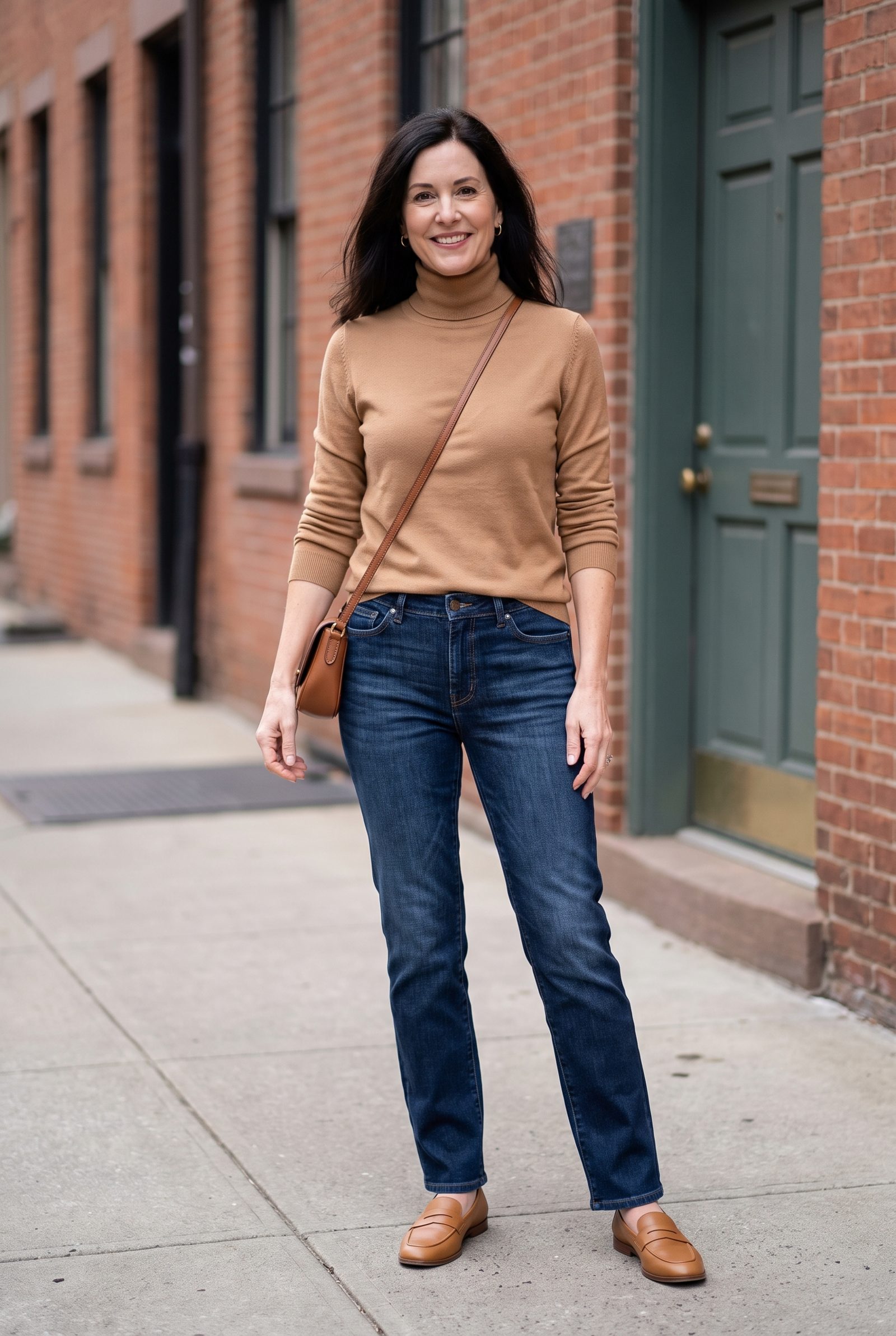 Dark-Wash Straight Jeans + Camel Turtleneck