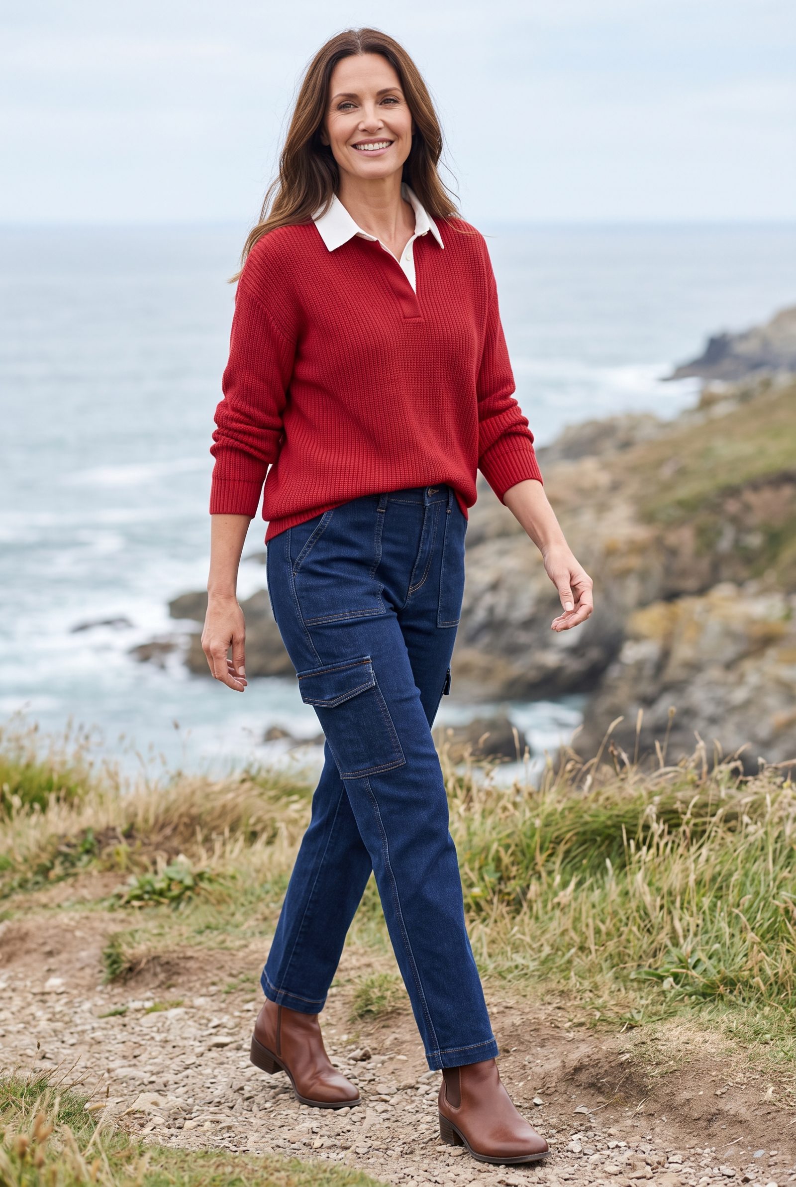 Dark-Wash Utility Jeans + Red Rugby Knit