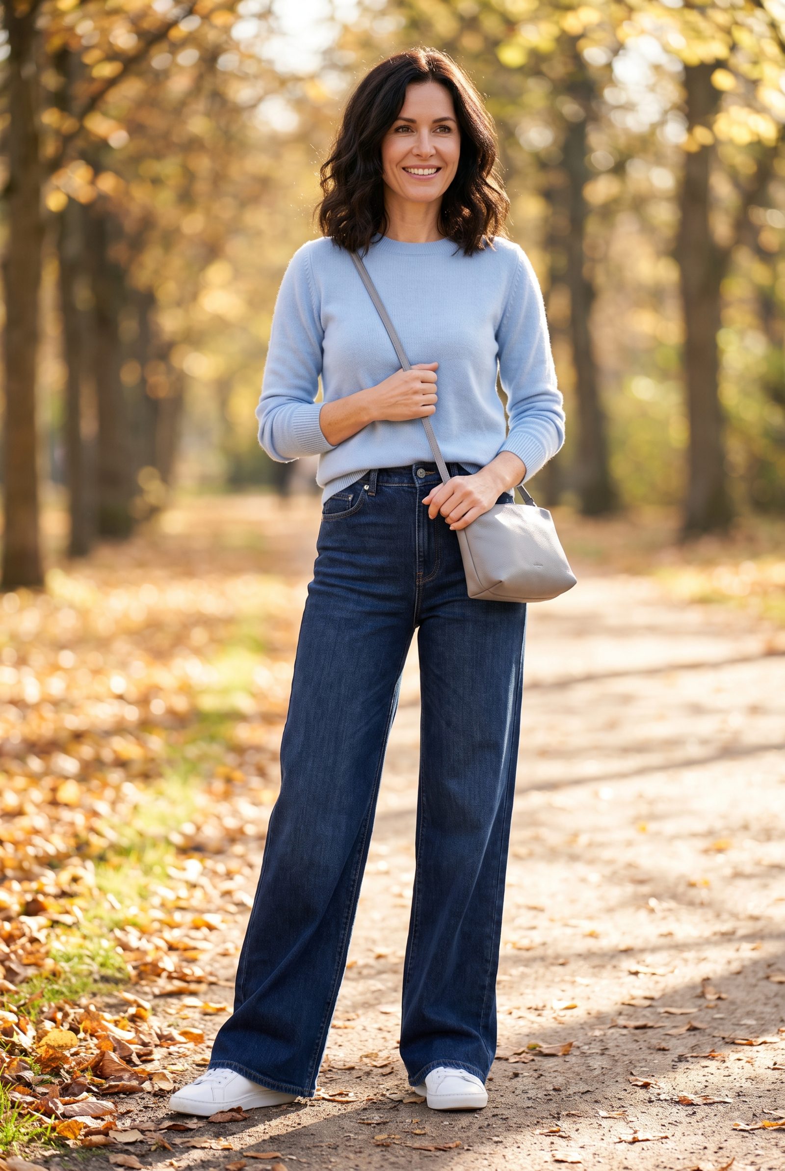 Dark-Wash Wide-Leg Jeans + Powder-Blue Crewneck