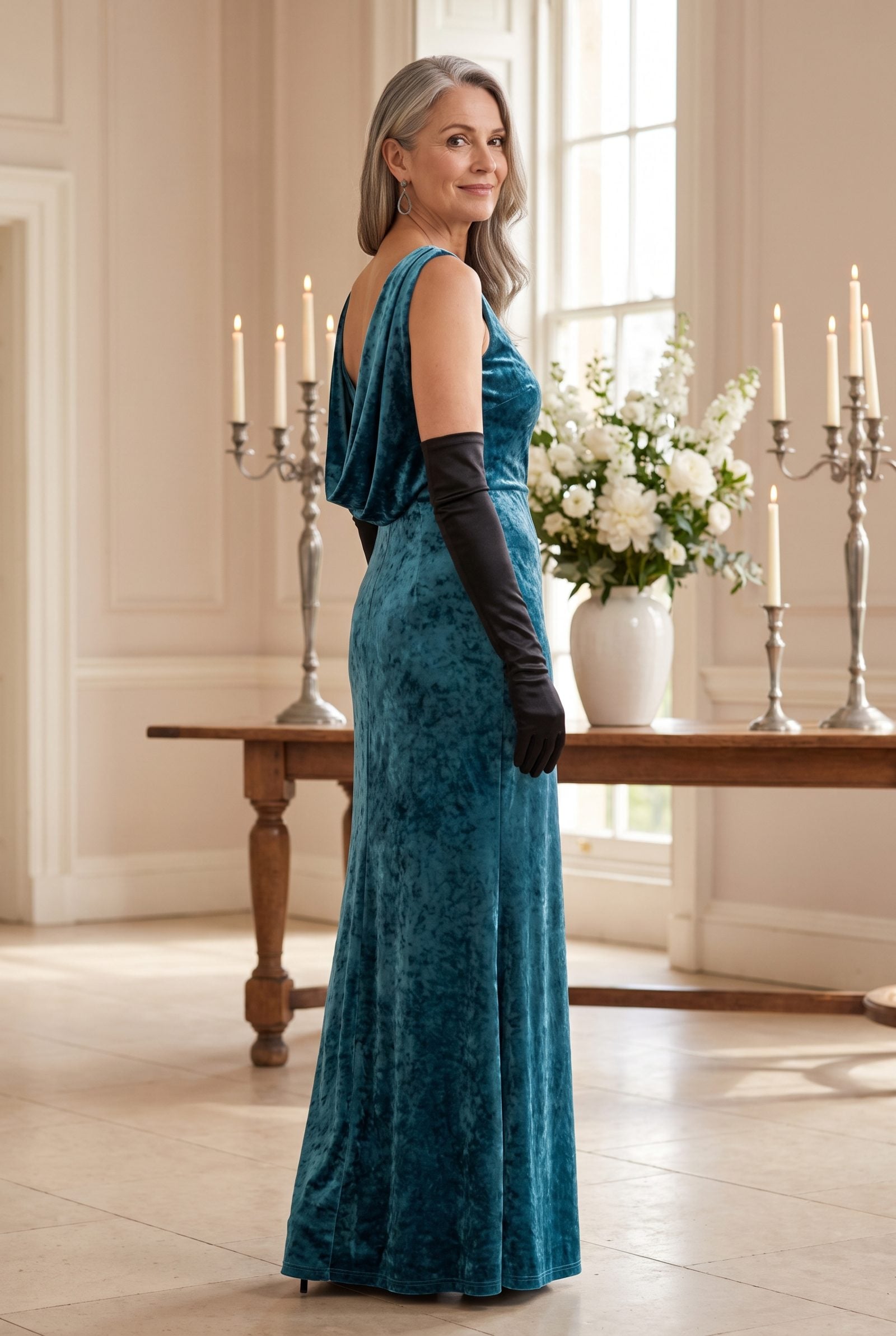 Deep-Aqua Velvet Gown With Black Opera Gloves