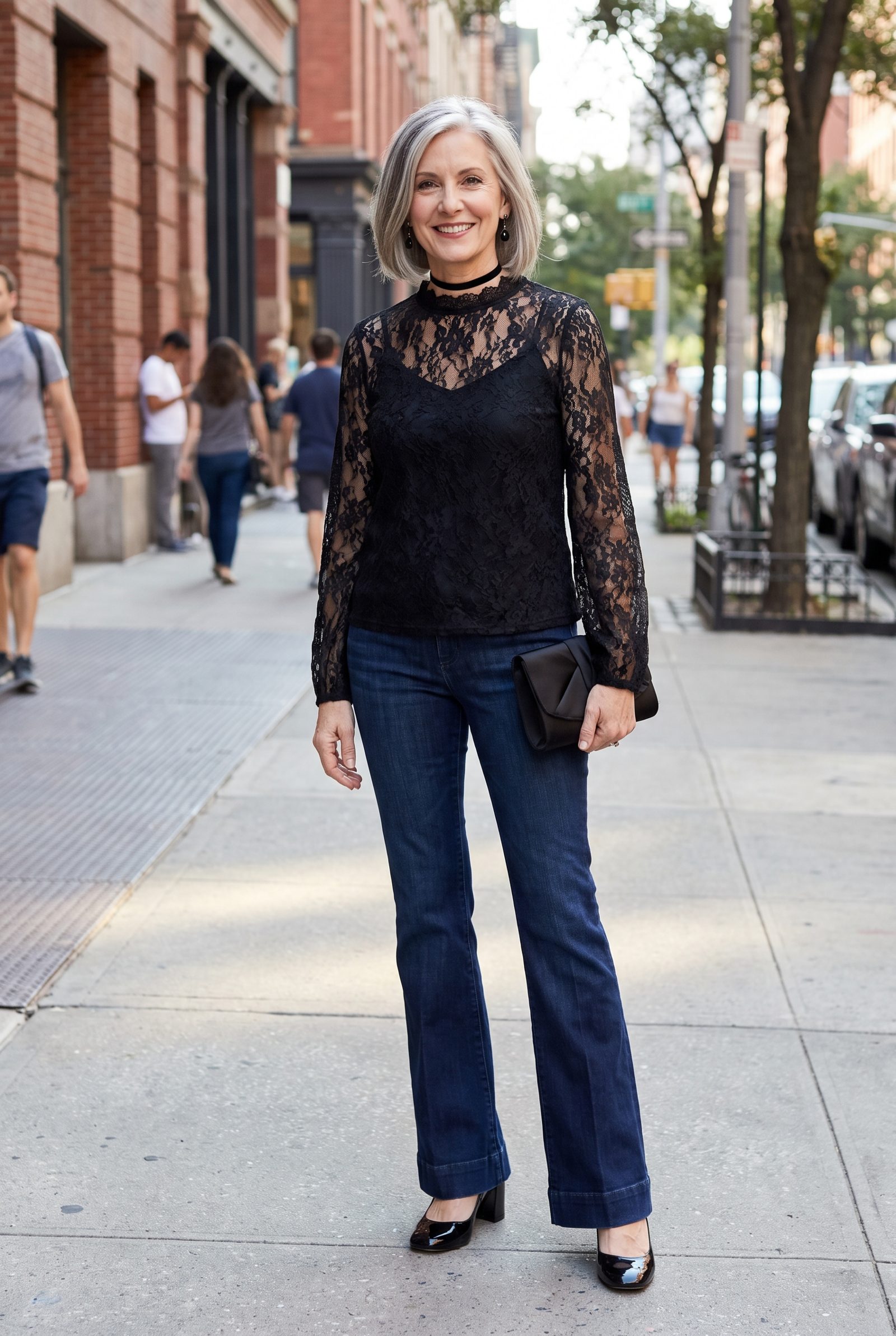 Deep-Indigo Flares With a Black Lace Blouse