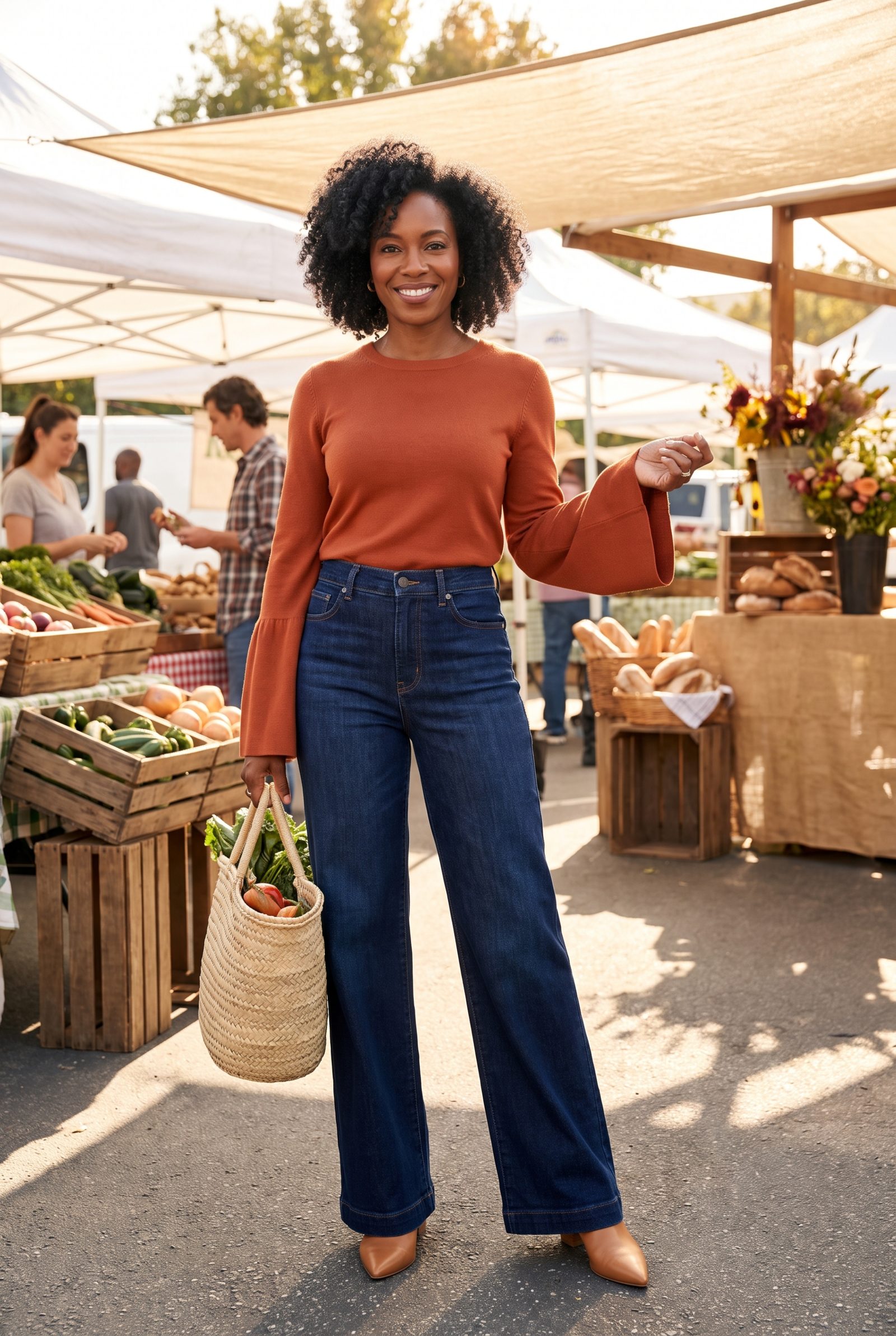 Deep-Indigo Wide-Leg Jeans + Rust Bell-Sleeve Sweater