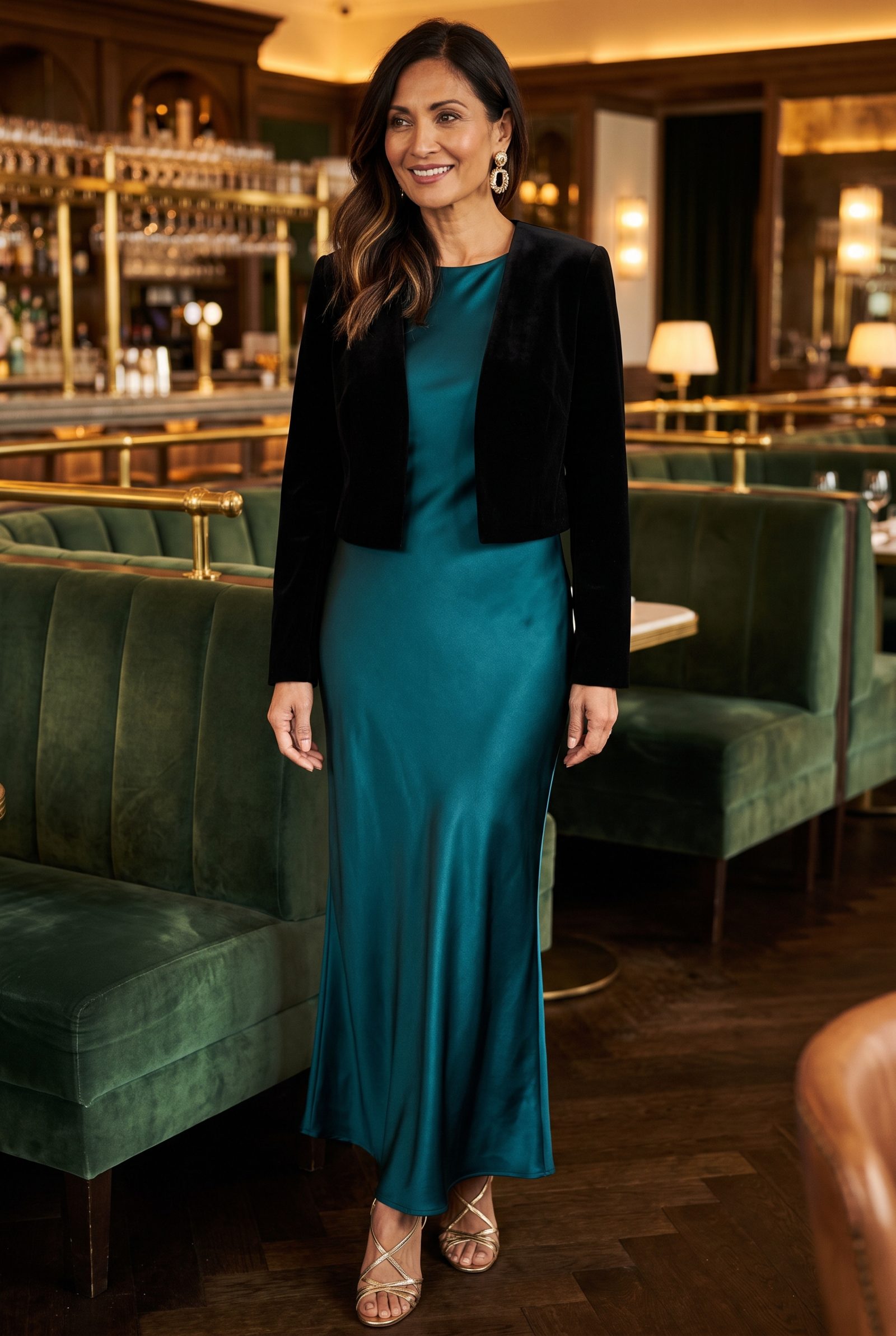 Deep Peacock Bias-Cut Dress With a Cropped Jacket