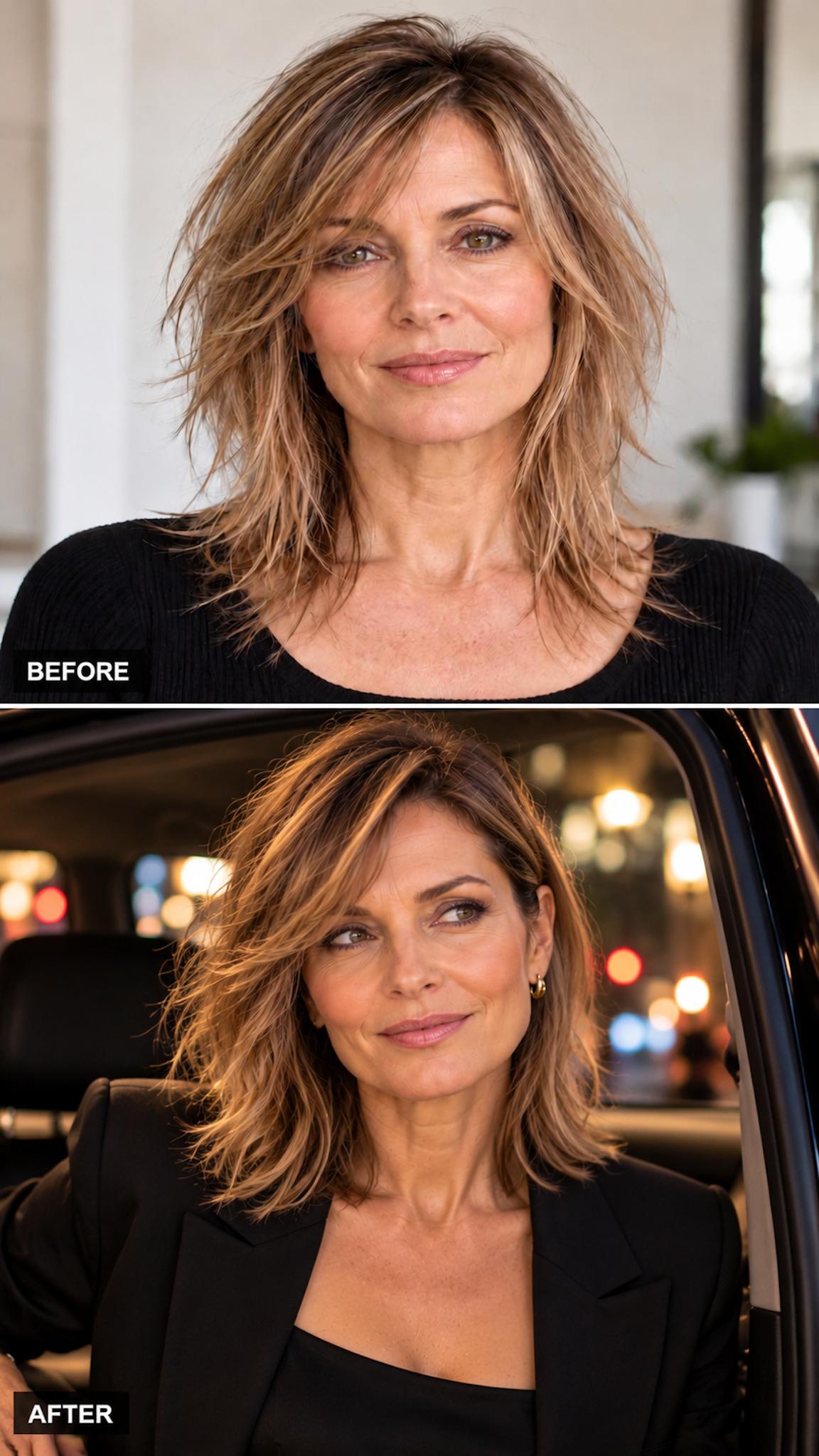 Fine hair transformed with a deep side part, root lift and one-side ear tuck