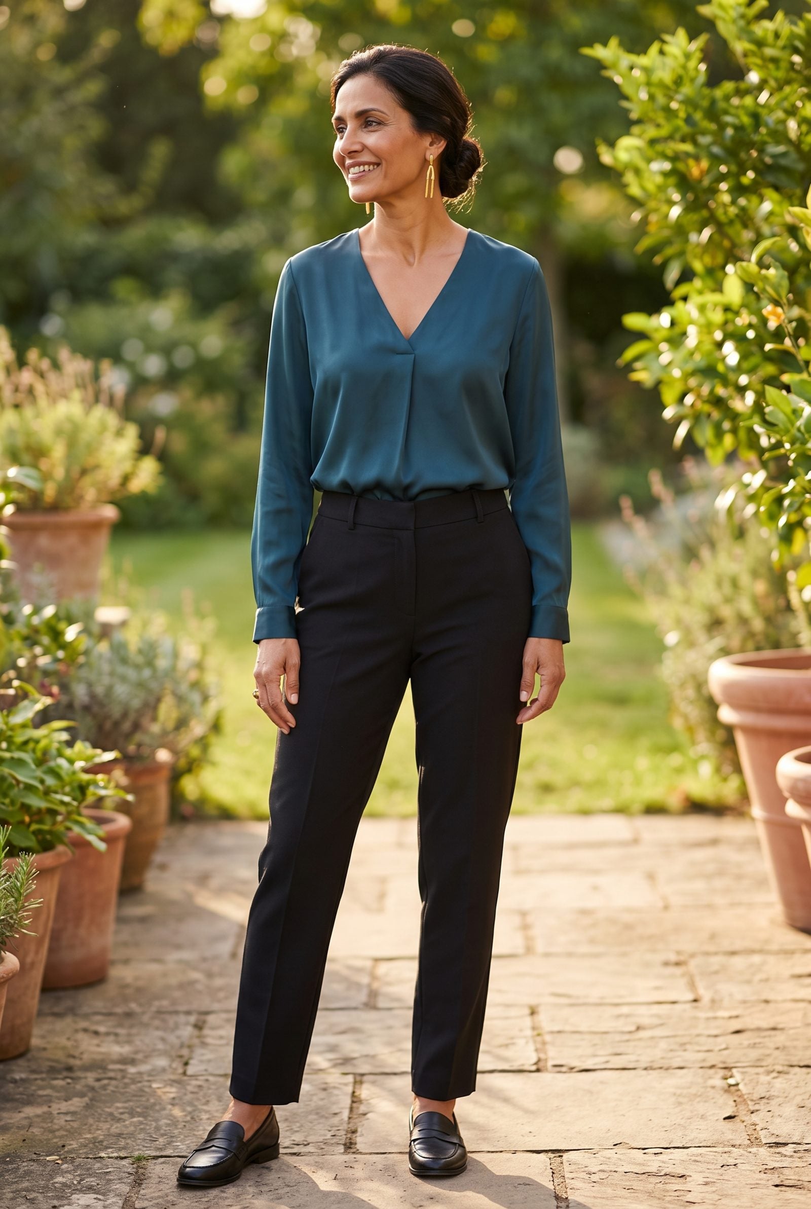Deep Teal Blouse and Black Trousers With Gold Drops