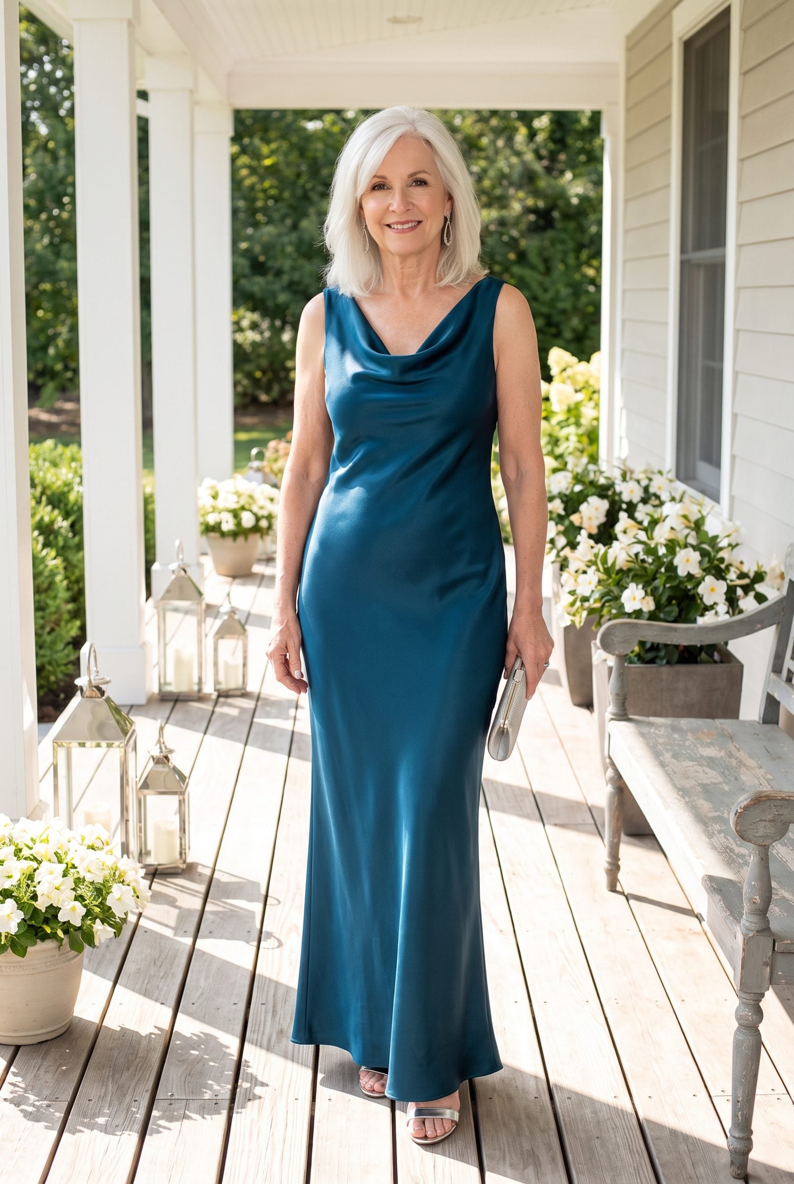 Deep-Teal Silk Gown With Silver Earrings