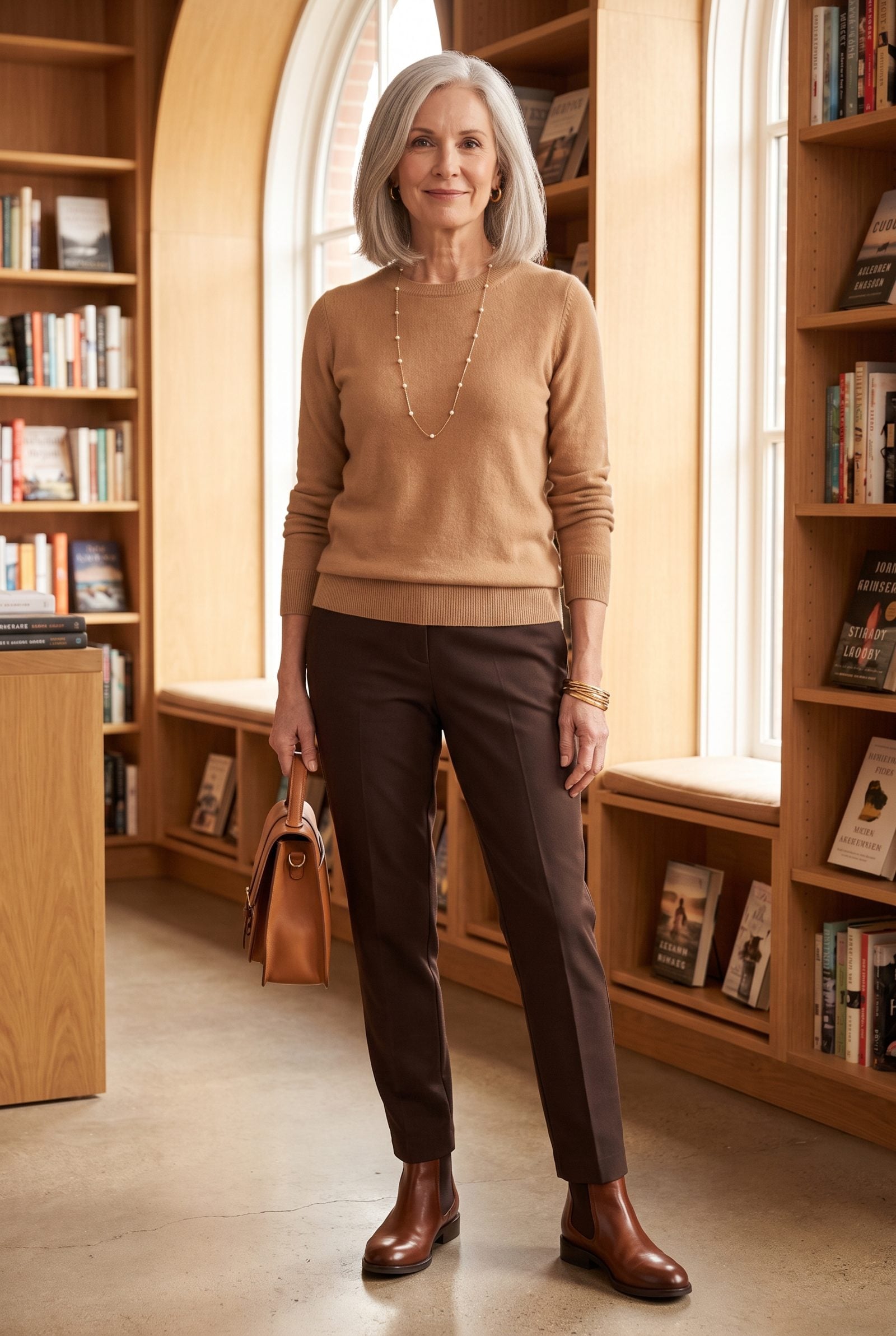 A Delicate Pearl Station Necklace Over a Cashmere Crewneck