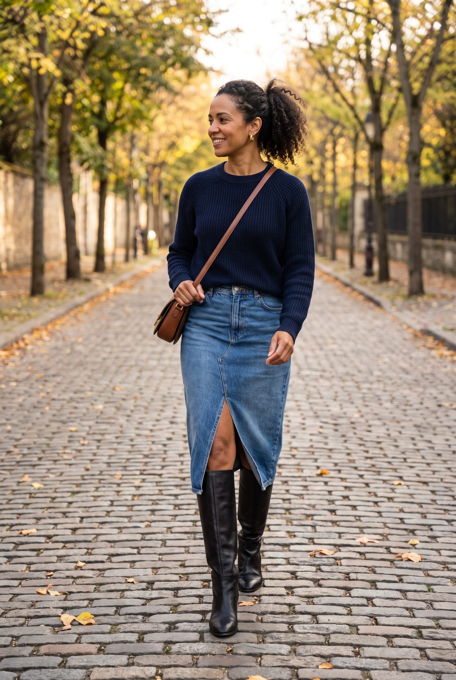 A Denim Midi Skirt With a Front Slit Too Narrow for the Boots