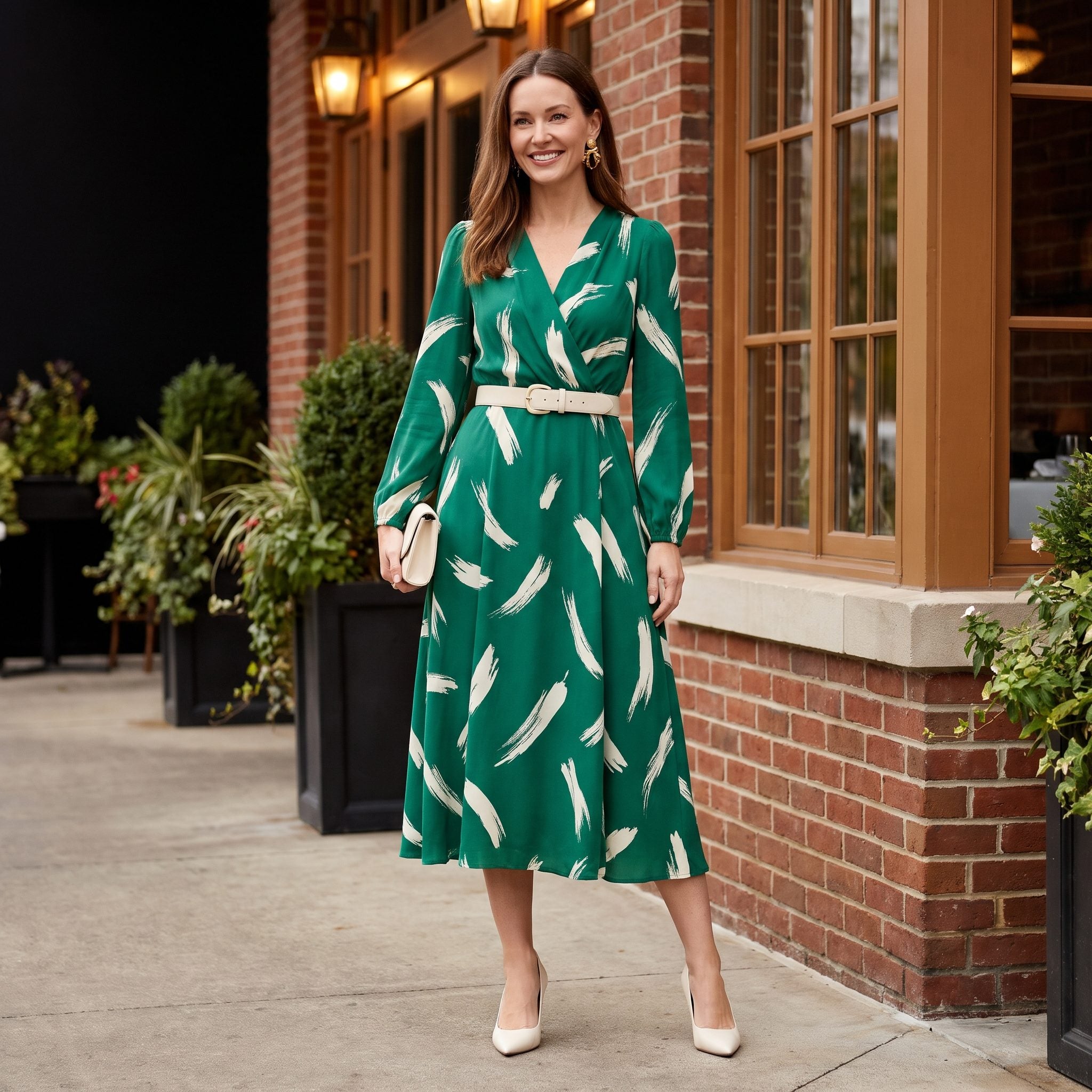 Emerald printed wrap-effect evening dress with an ivory belt at the natural waist