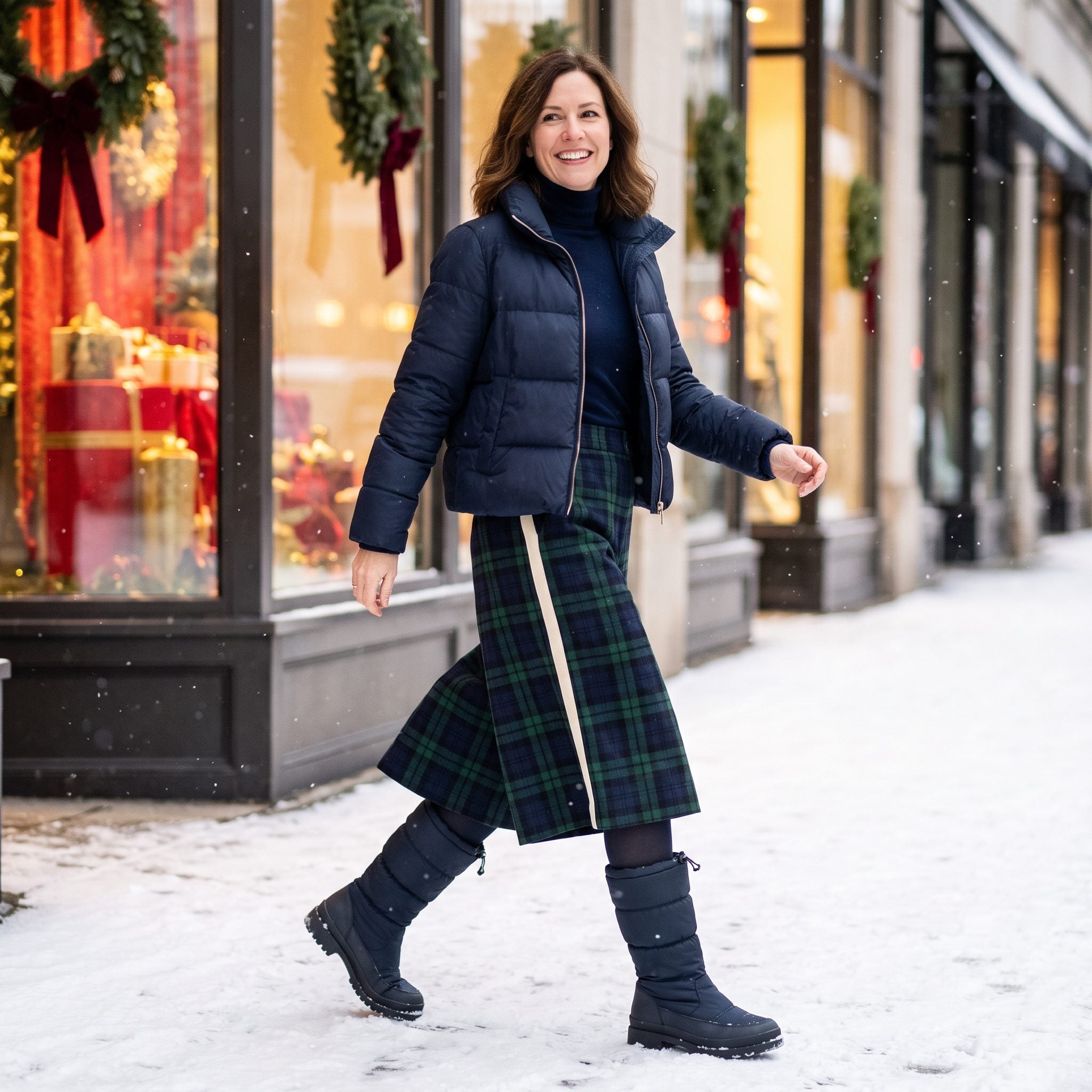 Tartan culottes paired with navy knee-high winter boots