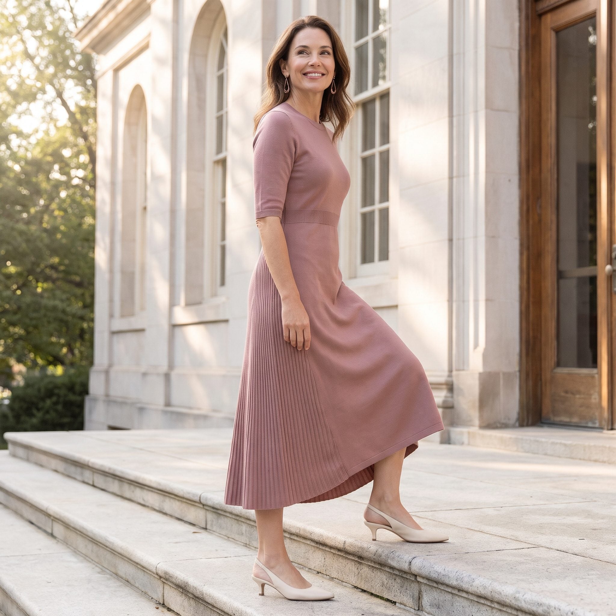 Dusty-Rose Knit Dress with a Ribbed Rear Panel
