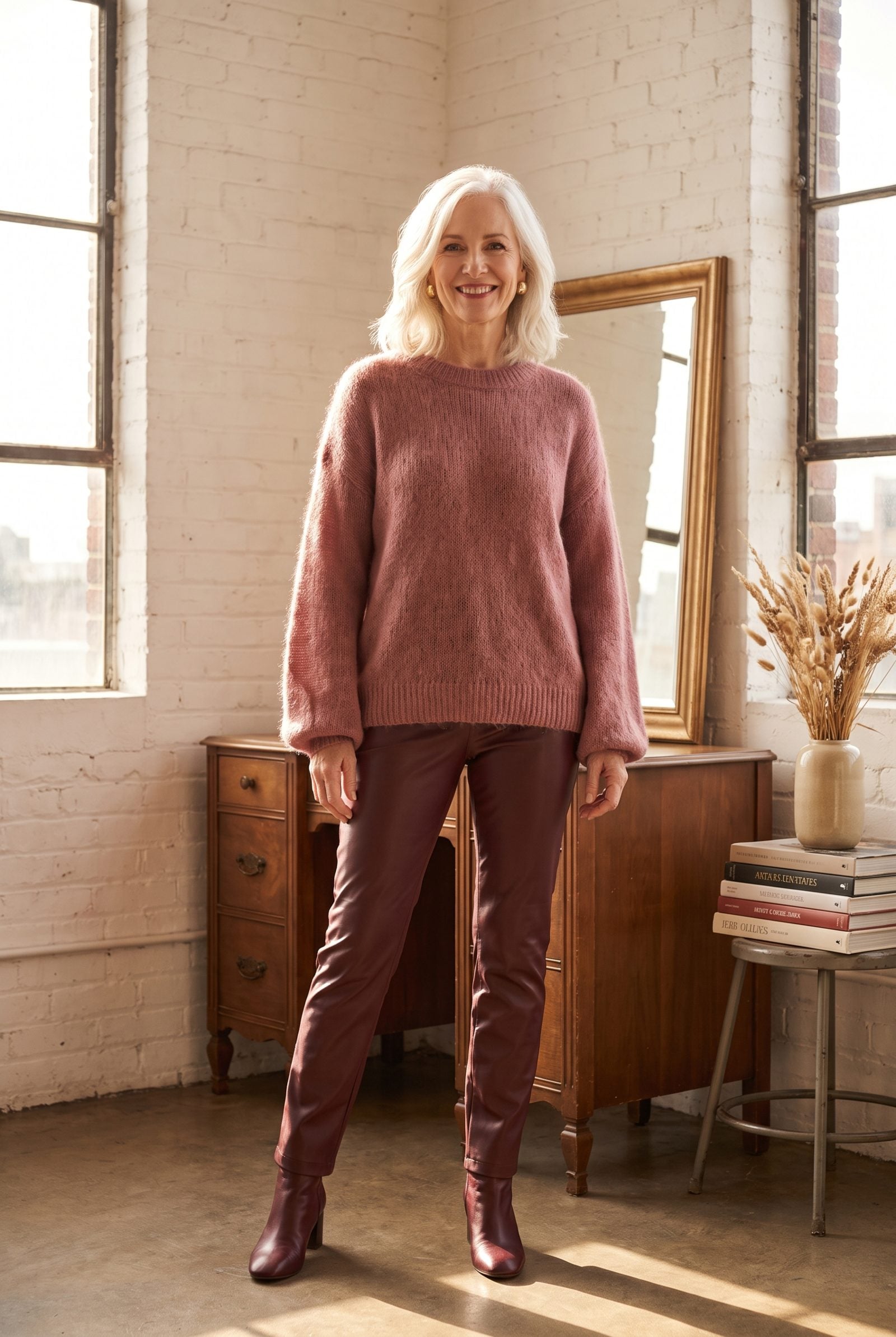 Dusty-Rose Mohair Sweater + Oxblood Faux-Leather Pants
