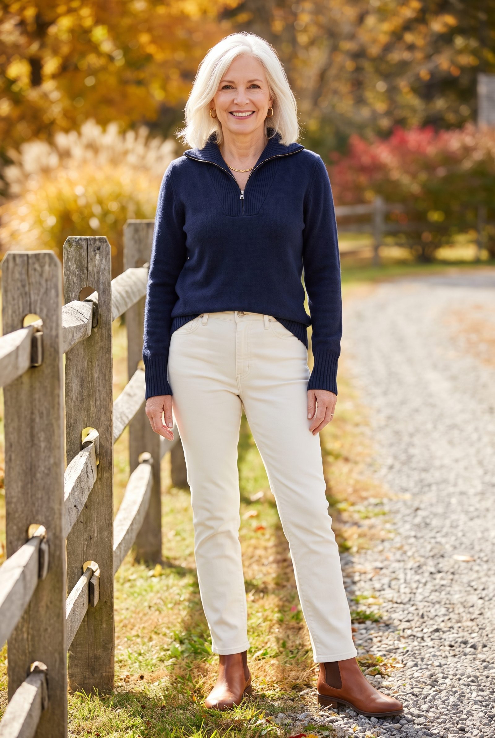 Ecru Slim Jeans + Navy Quarter-Zip Sweater
