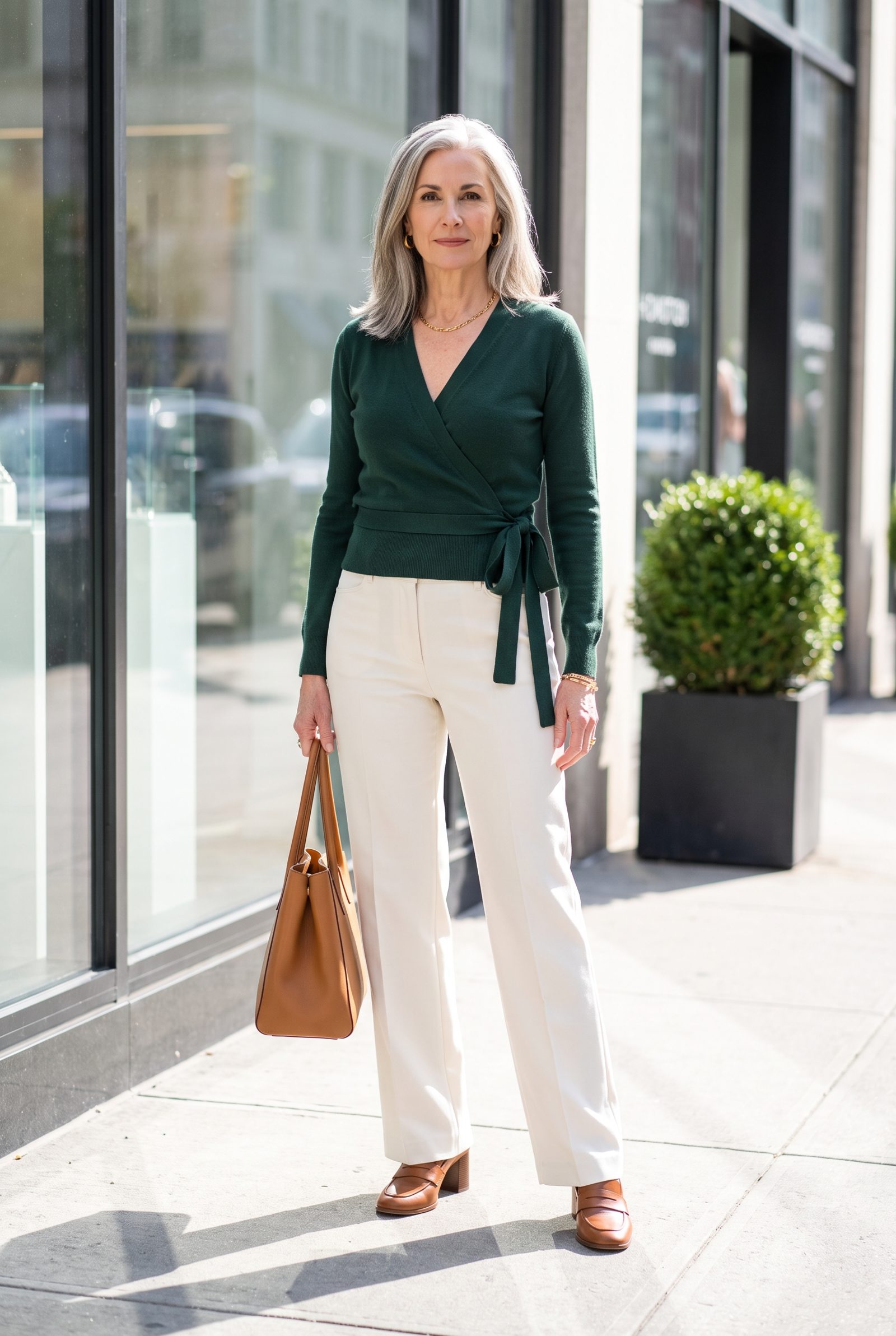 Ecru Trouser Jeans + Forest-Green Wrap Sweater