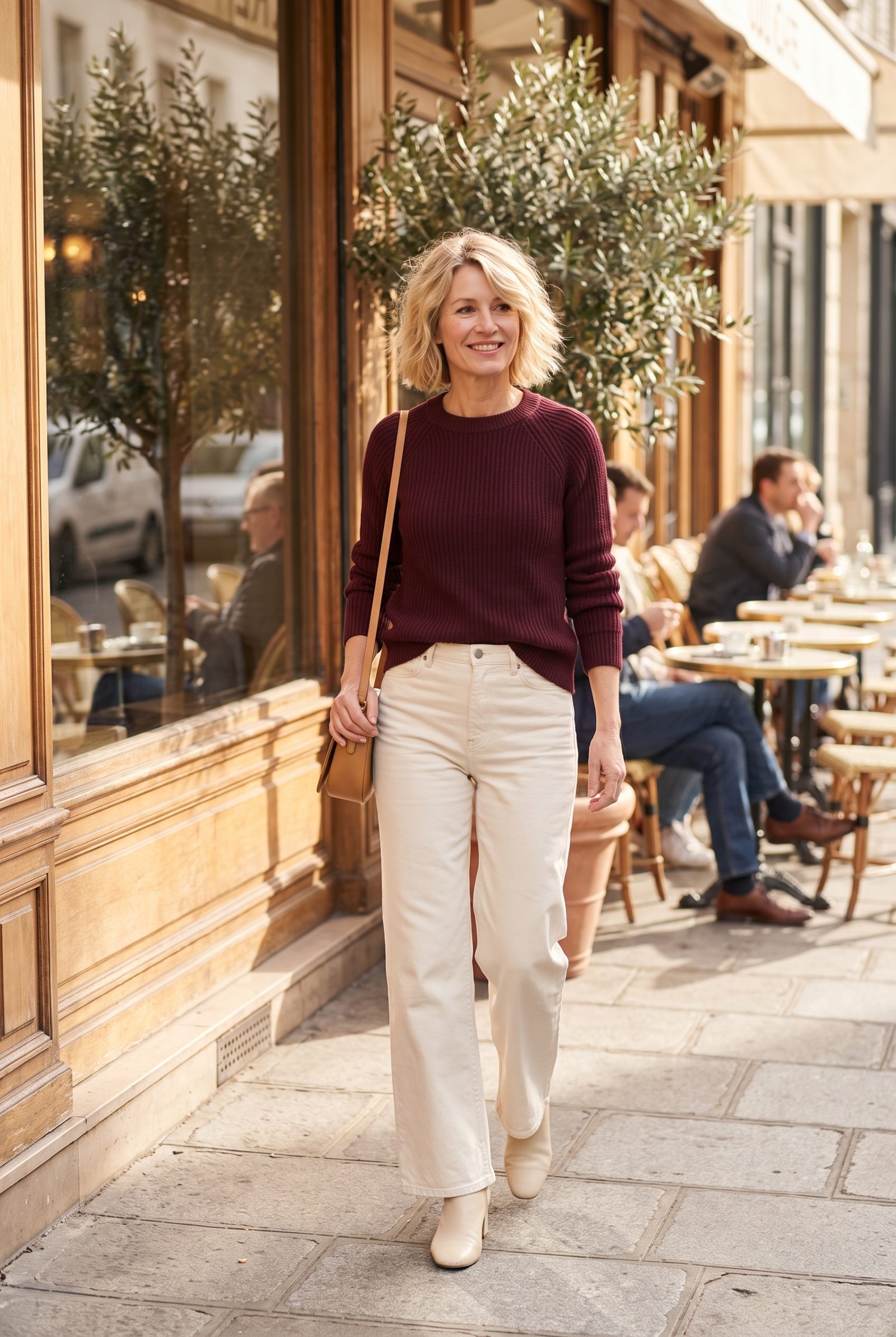 Ecru Wide-Leg Jeans + Burgundy Crewneck