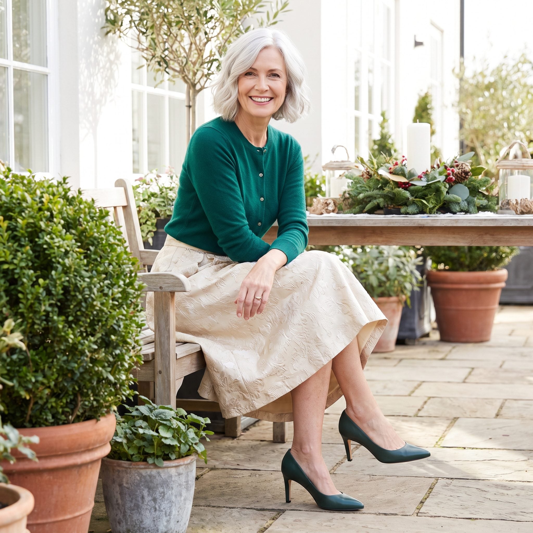 Emerald cashmere cardigan with a champagne brocade skirt